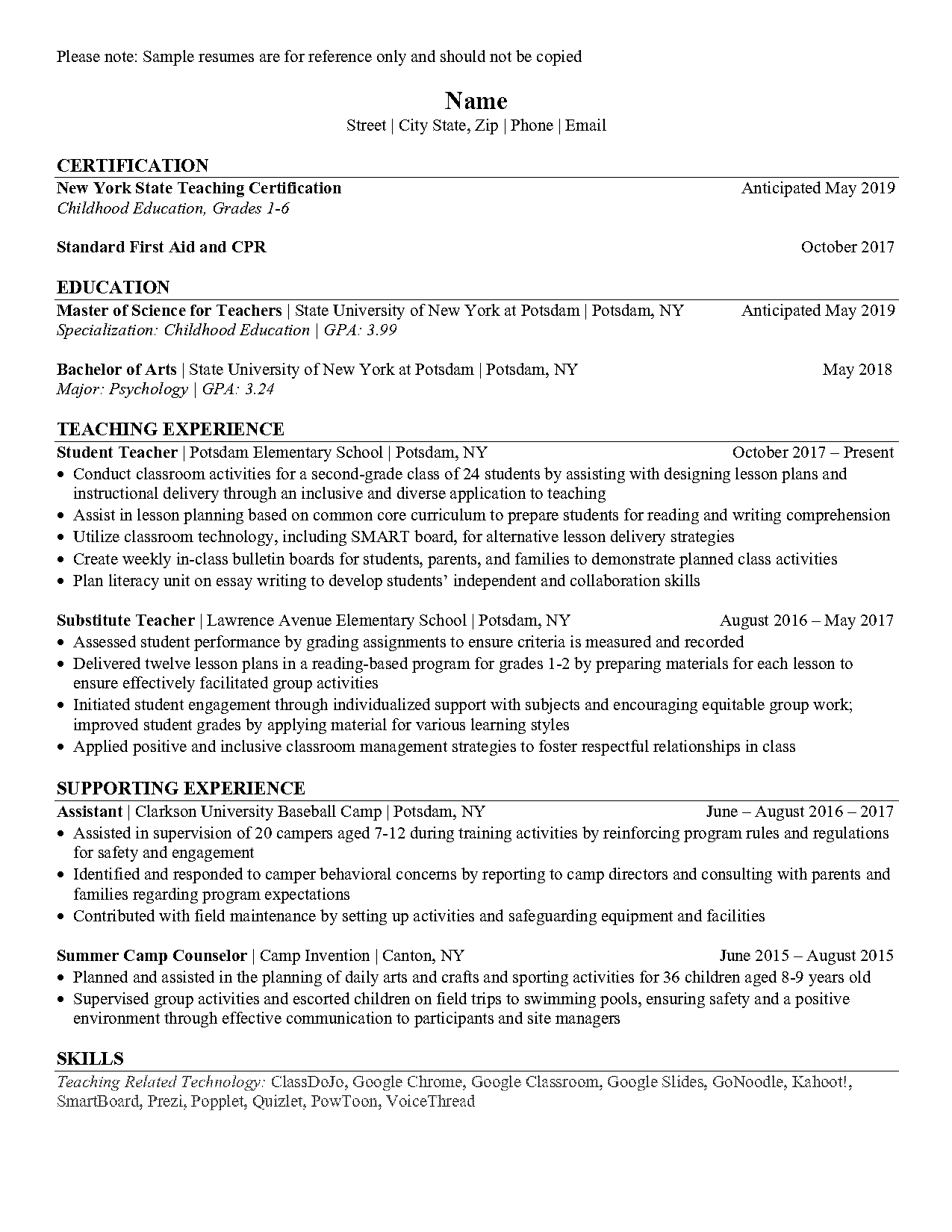 student teaching sample resume