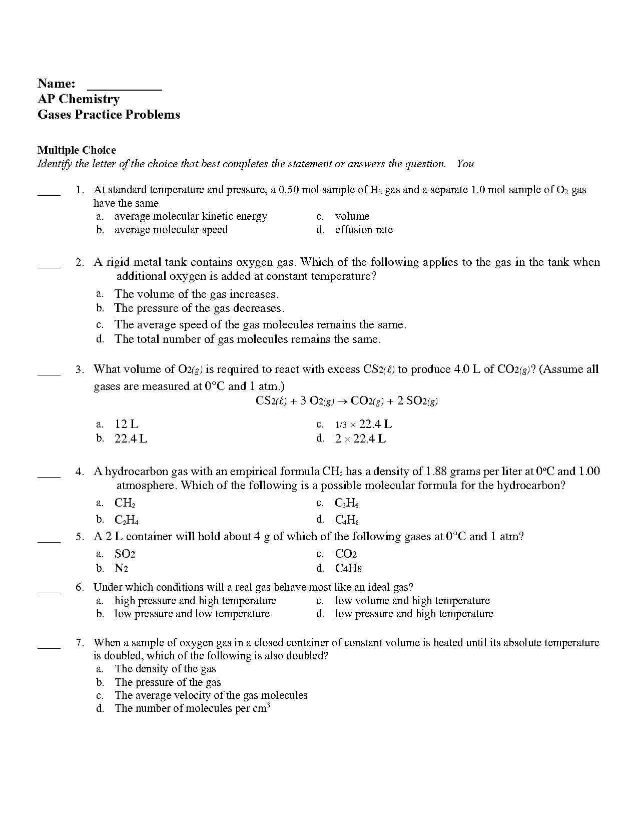 chemistry density of gases worksheet answer key