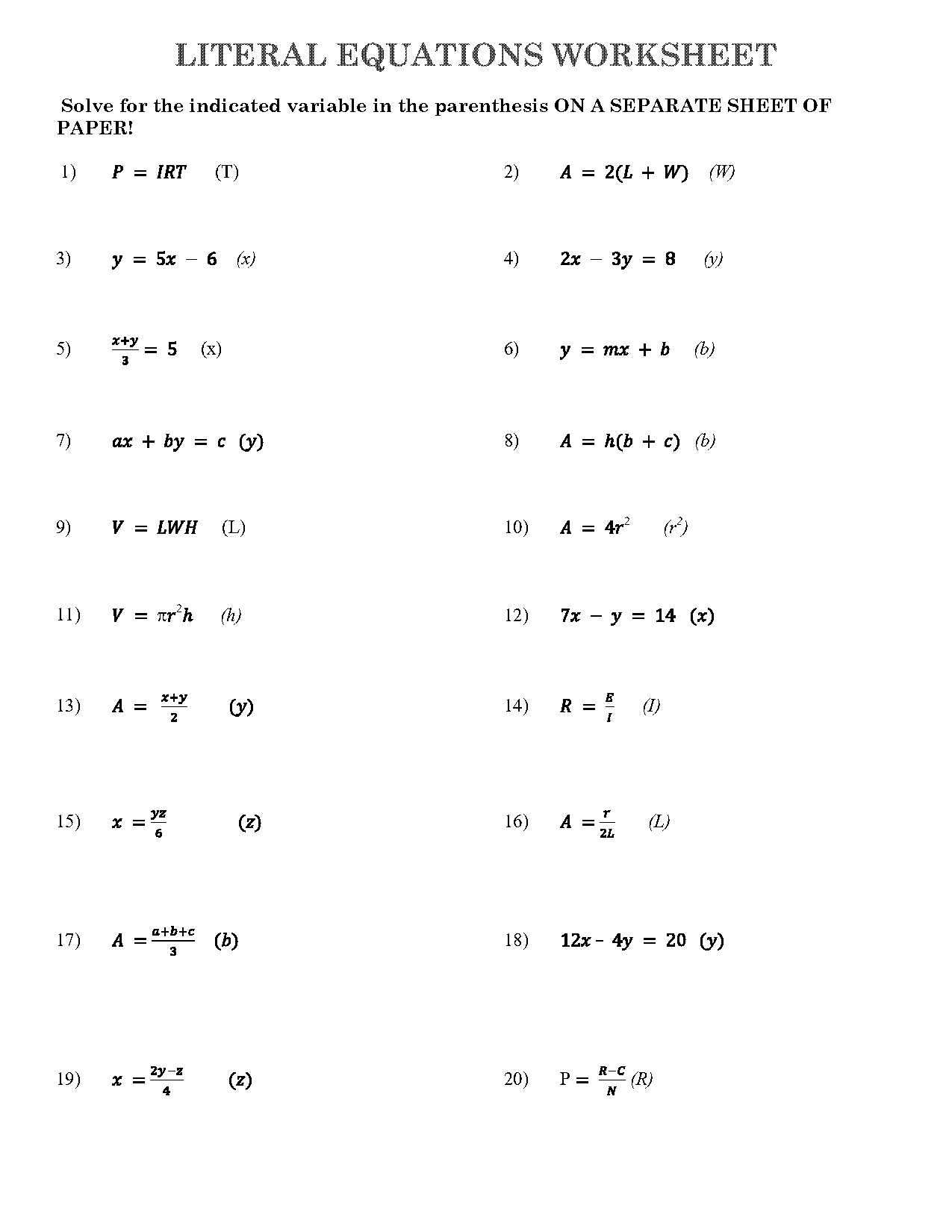 literal equations worksheet with solutions