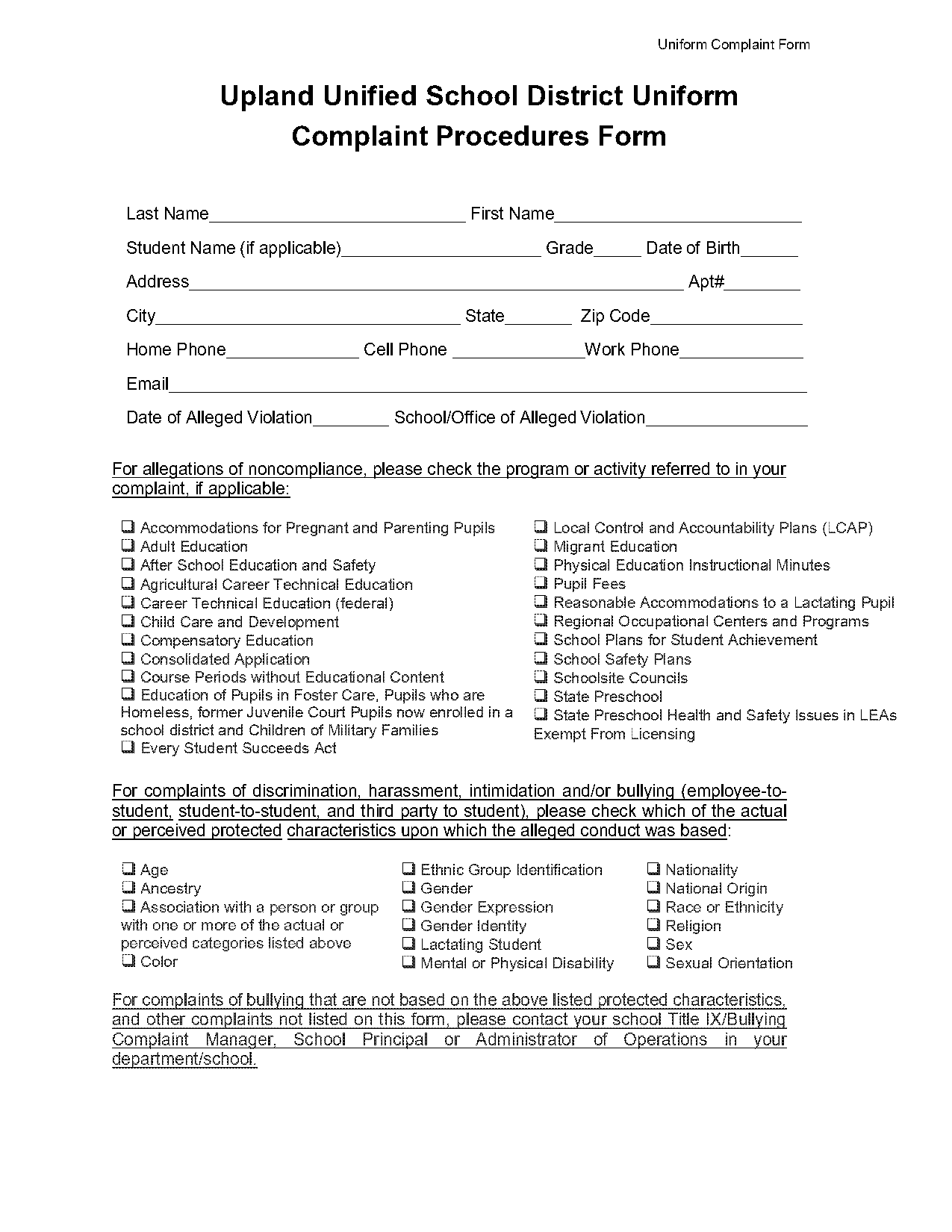 uniform complaint form california school bullying