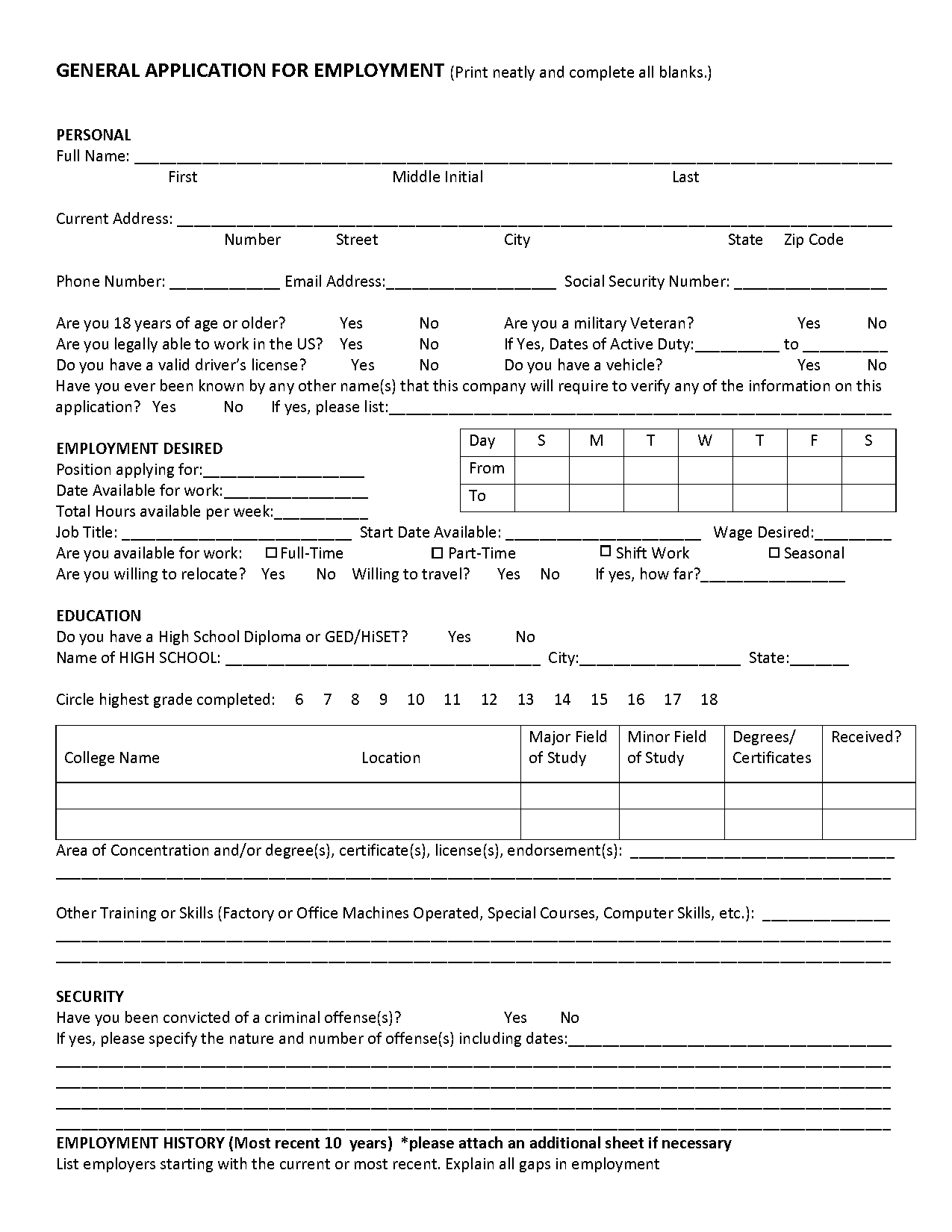 blank job application form pdf