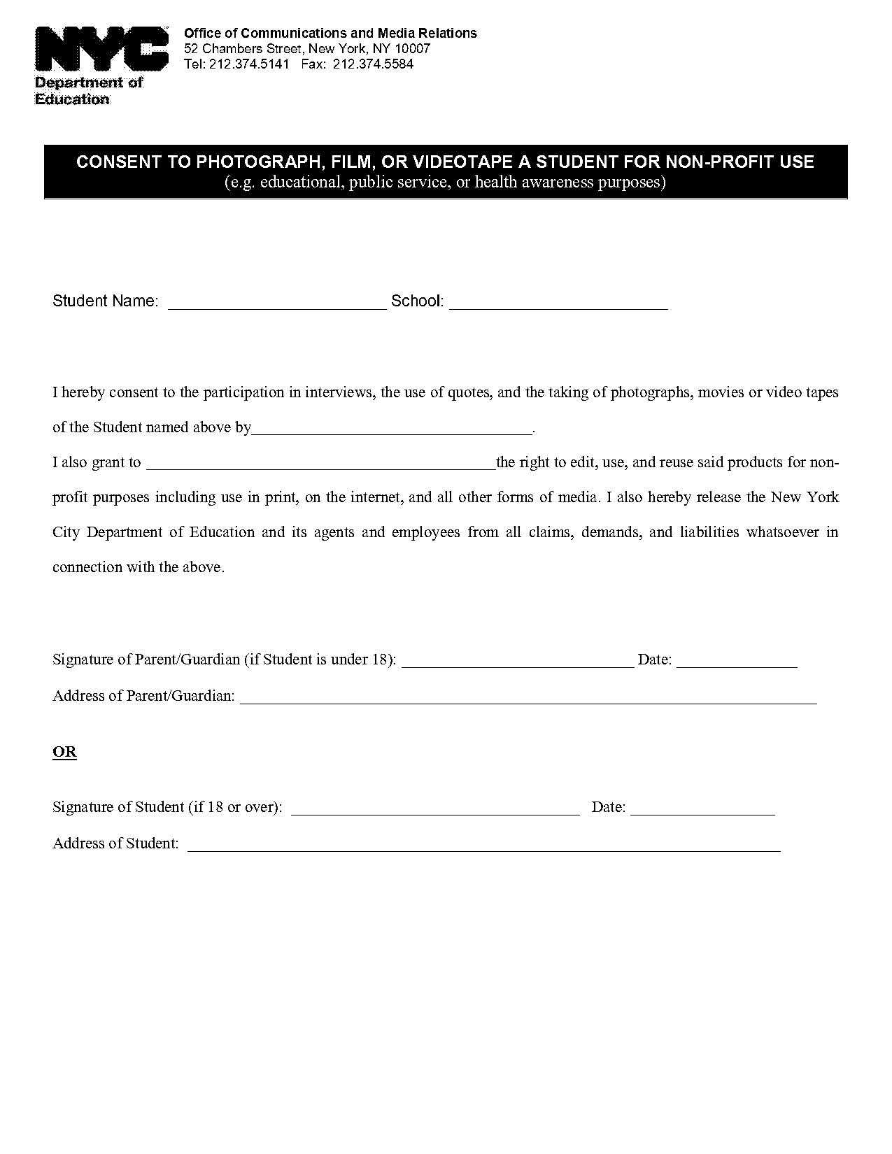 photography parental consent form template