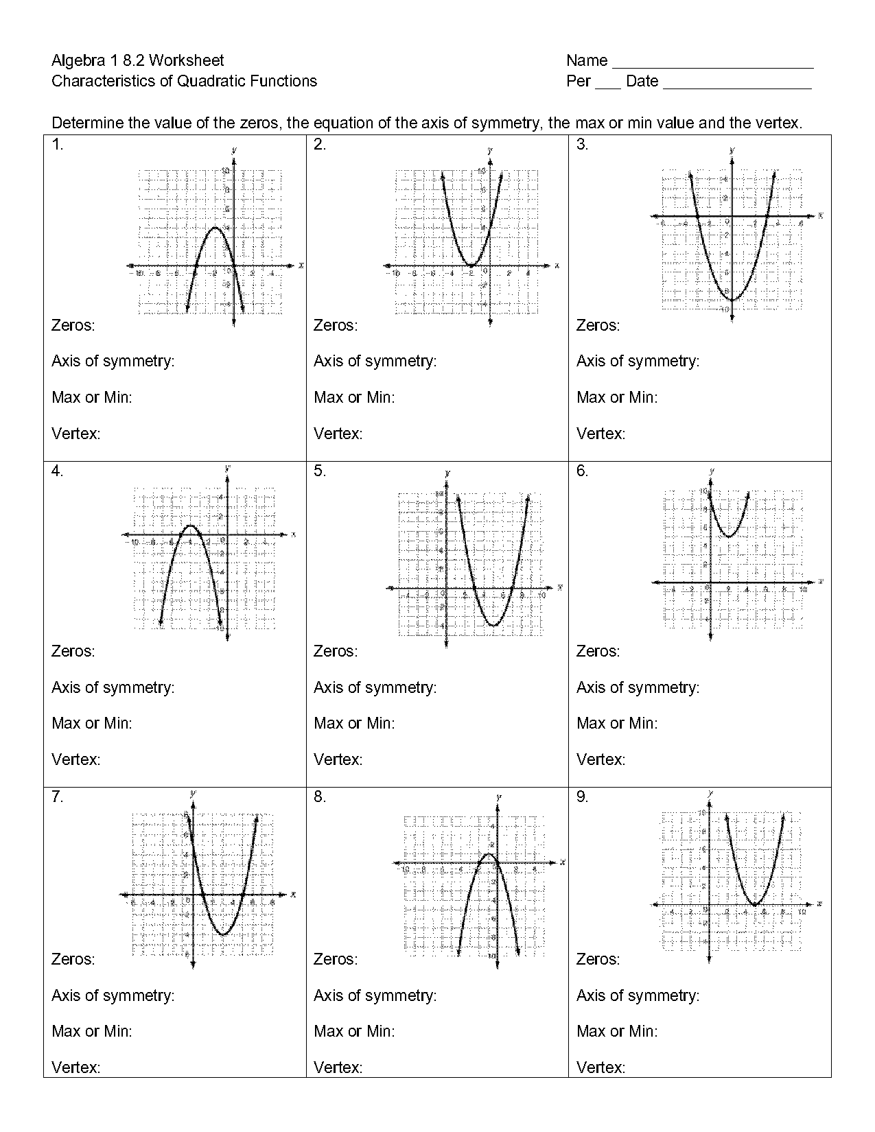 identify key features of quadratic functions worksheet