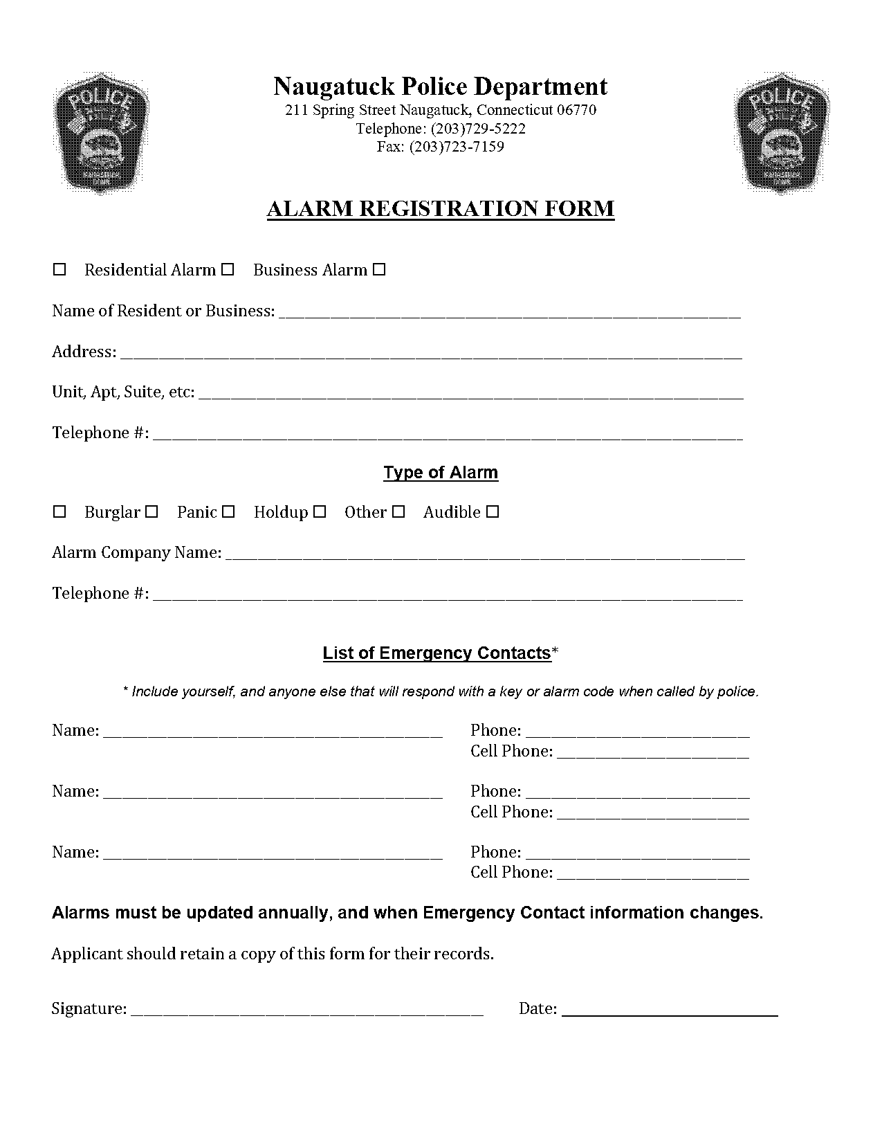 guilford ct alarm registration form