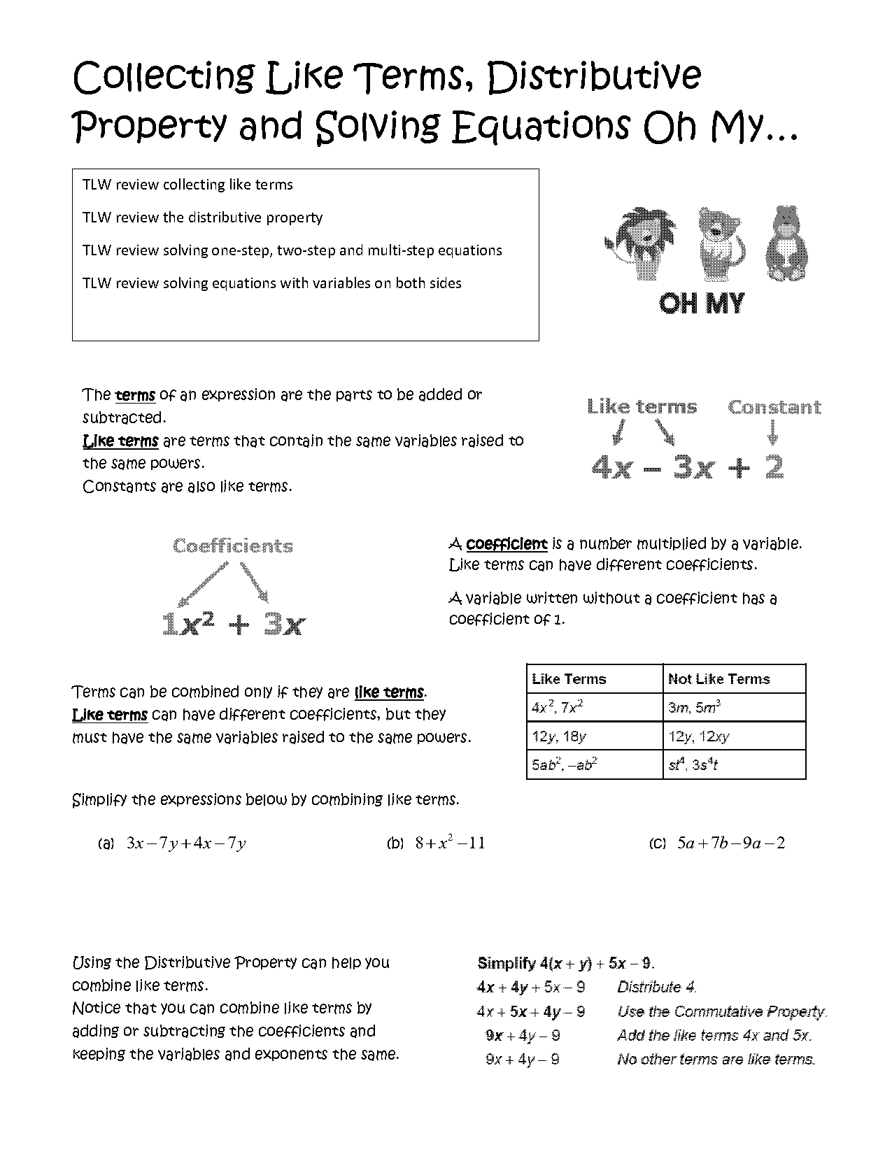 combine like terms quiz worksheet pdf