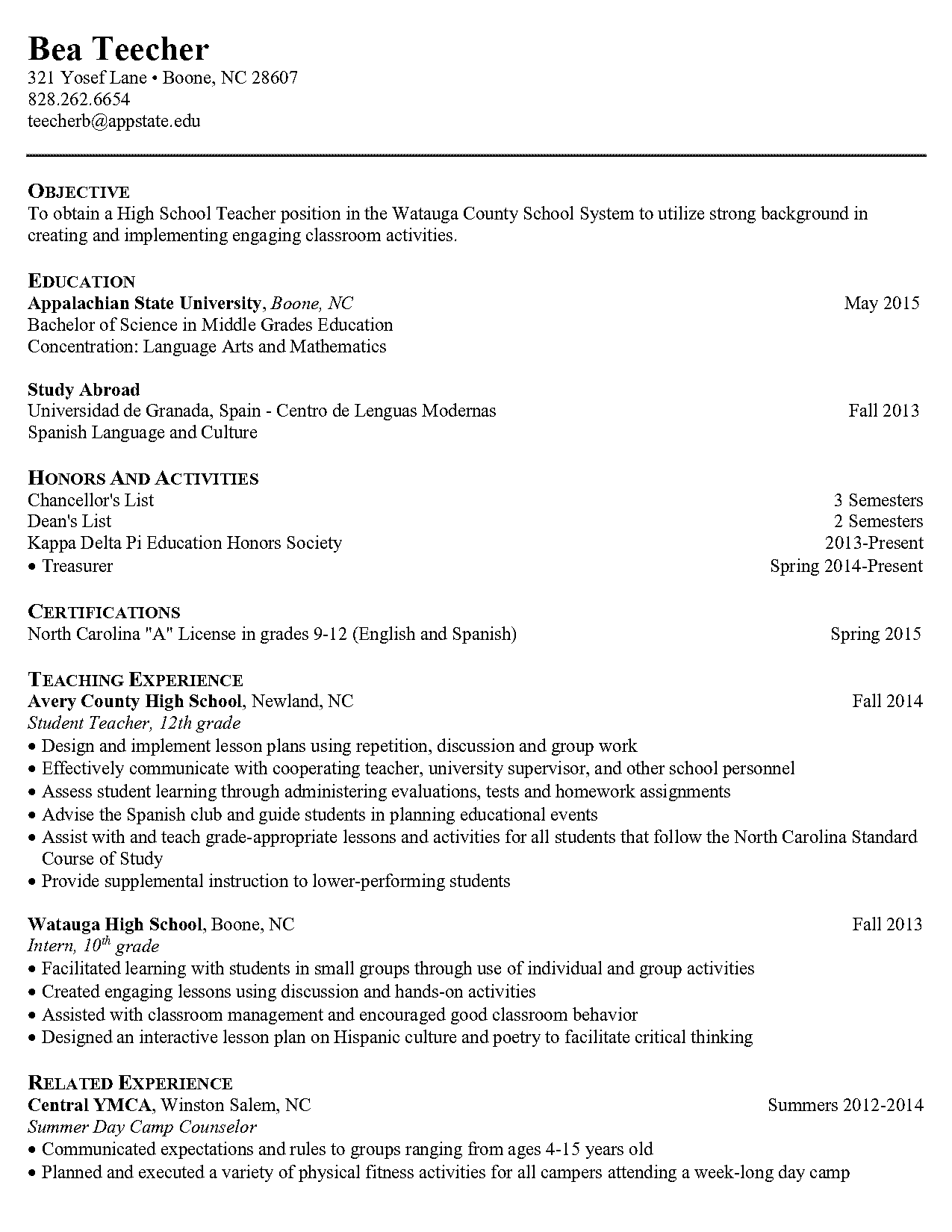 student teaching sample resume