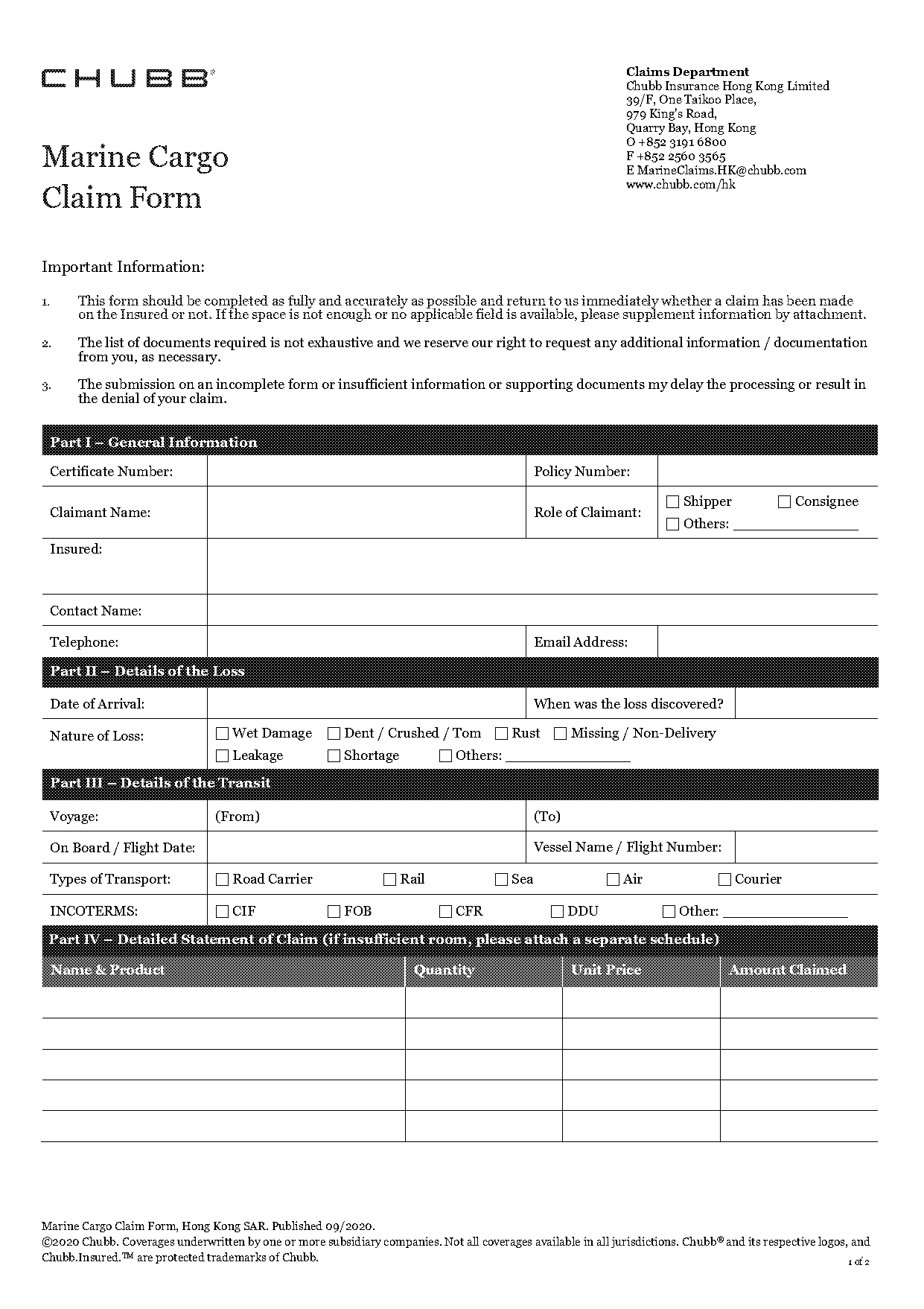 chubb marine claim form