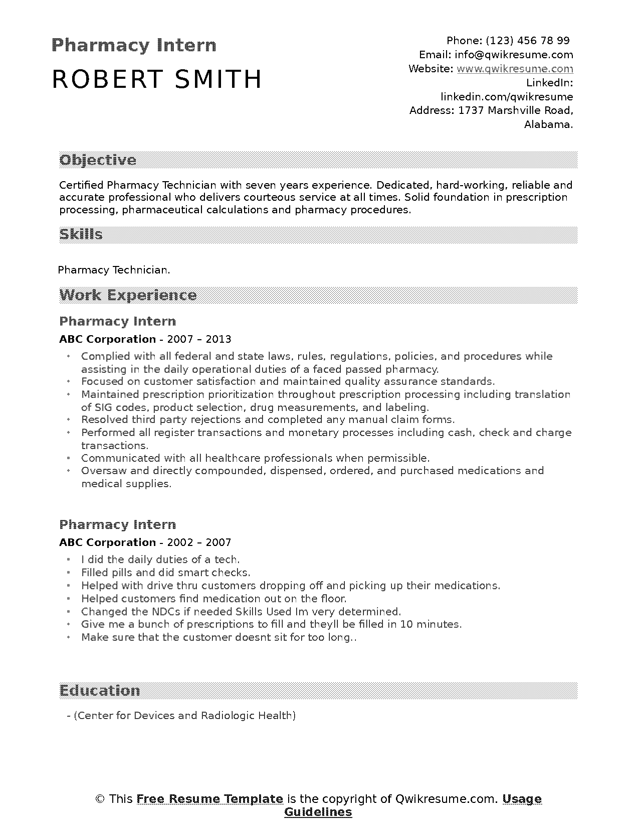 pharmacy intern resume template