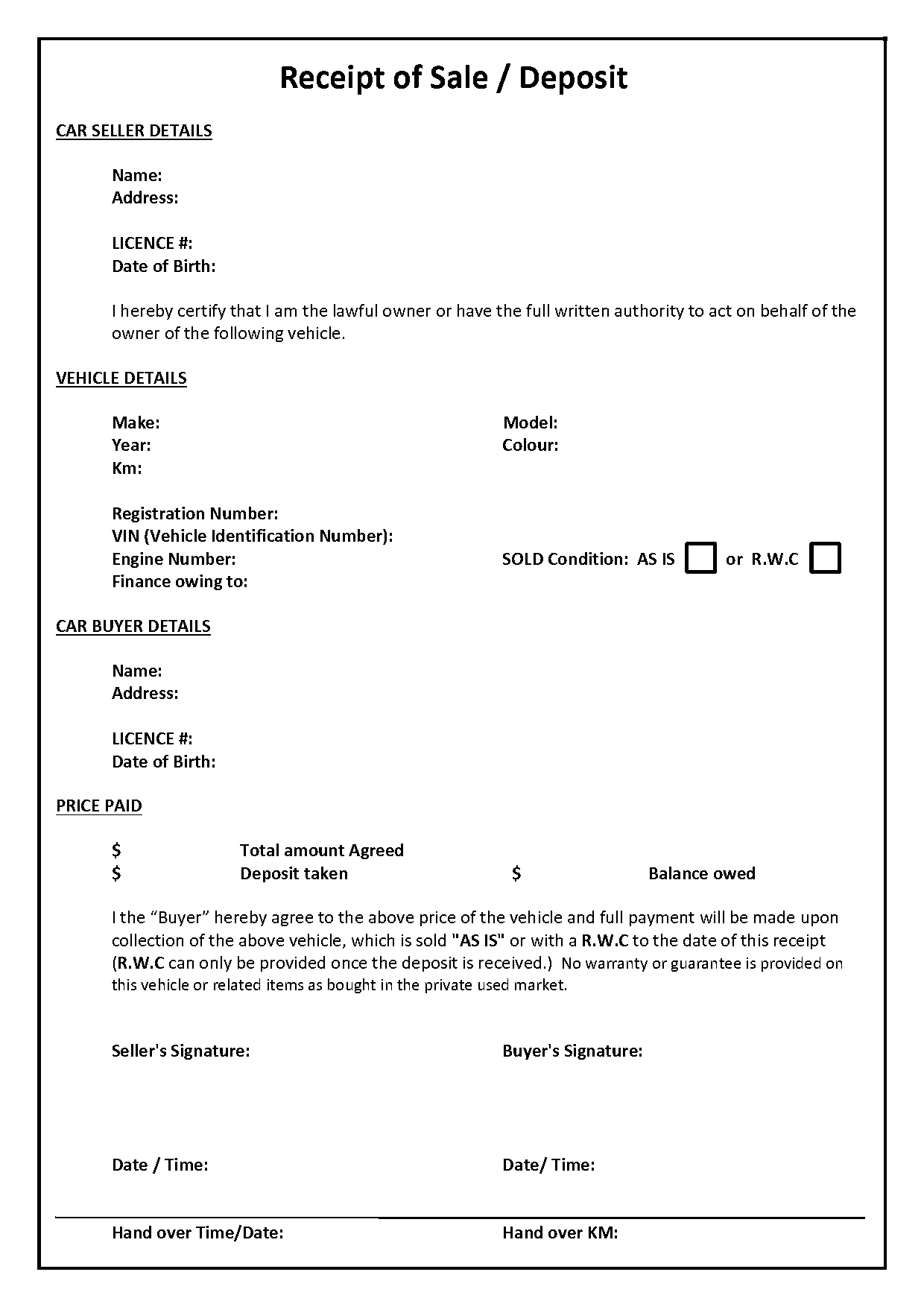 car purchase receipt template