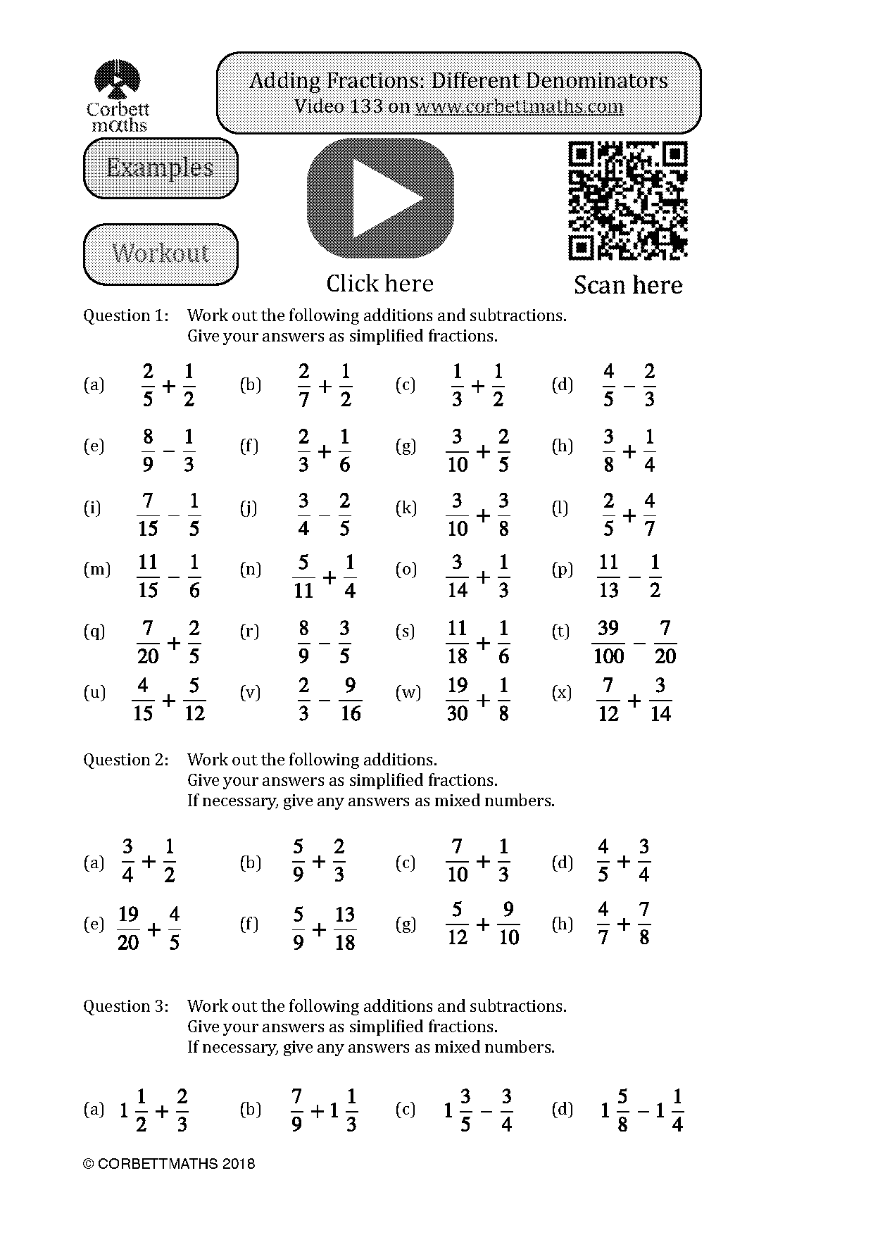 fractions addition with unlike denominators worksheets