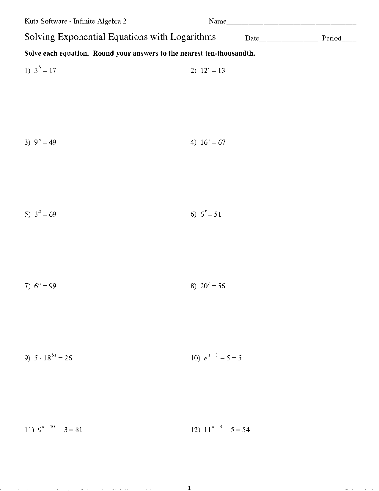 solving exponential and logarithmic functions worksheet with answers