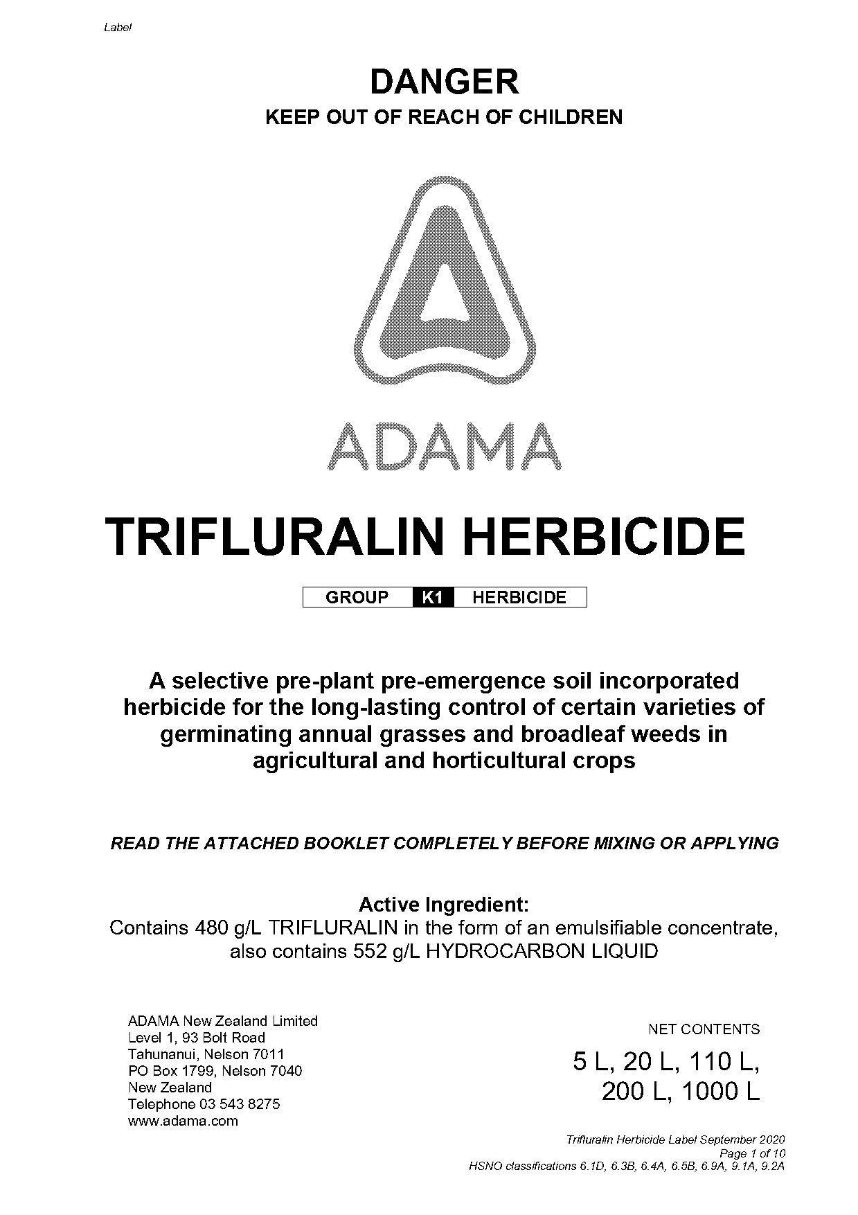 trifluralin herbicide application rate