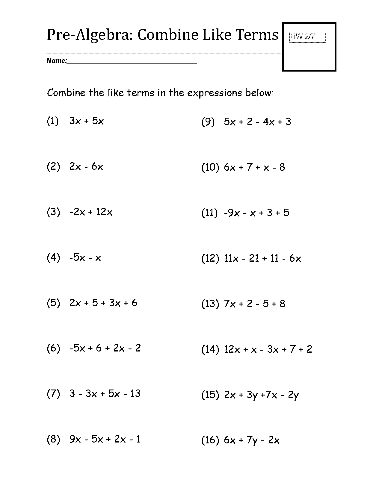 combine like terms quiz worksheet pdf