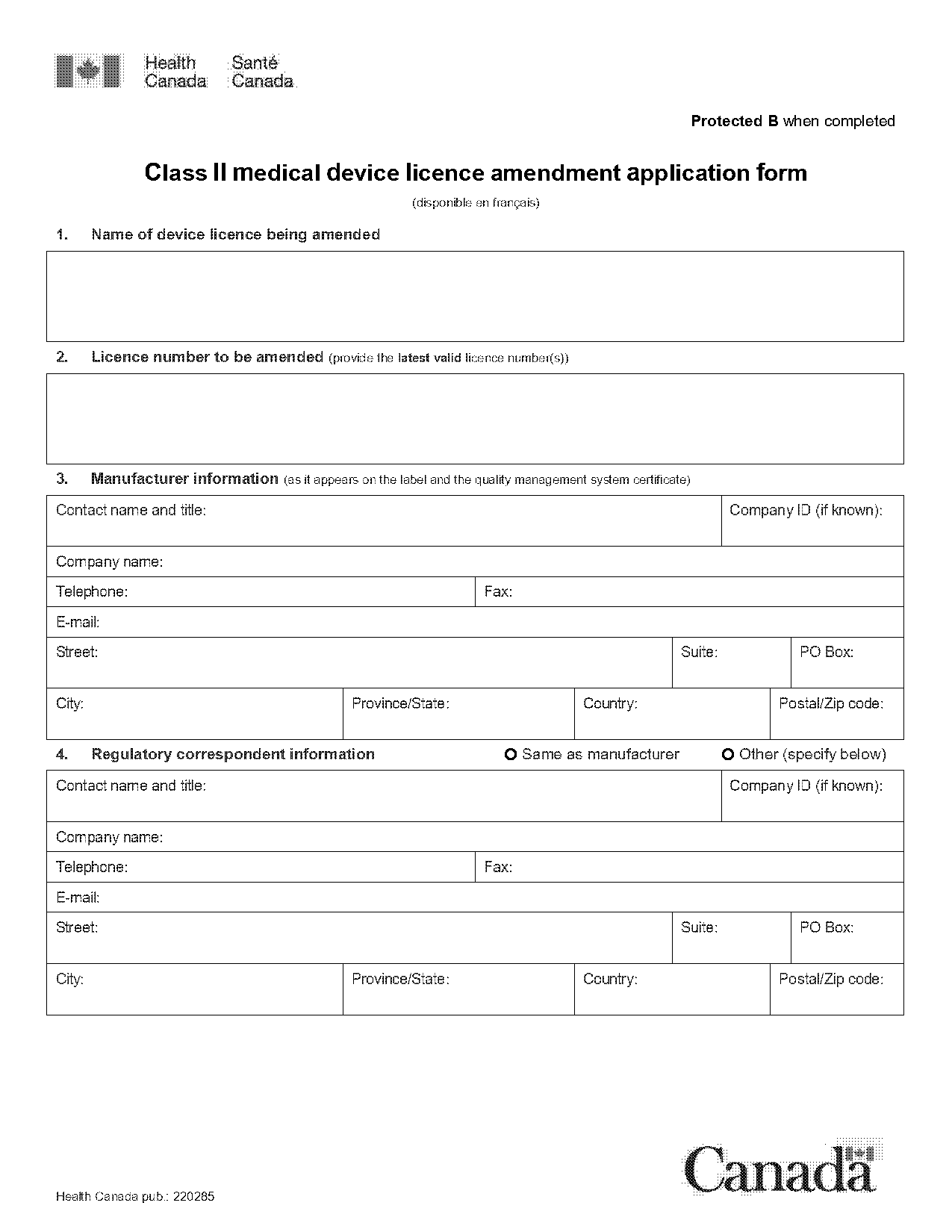 health canada medical device license amendment fee