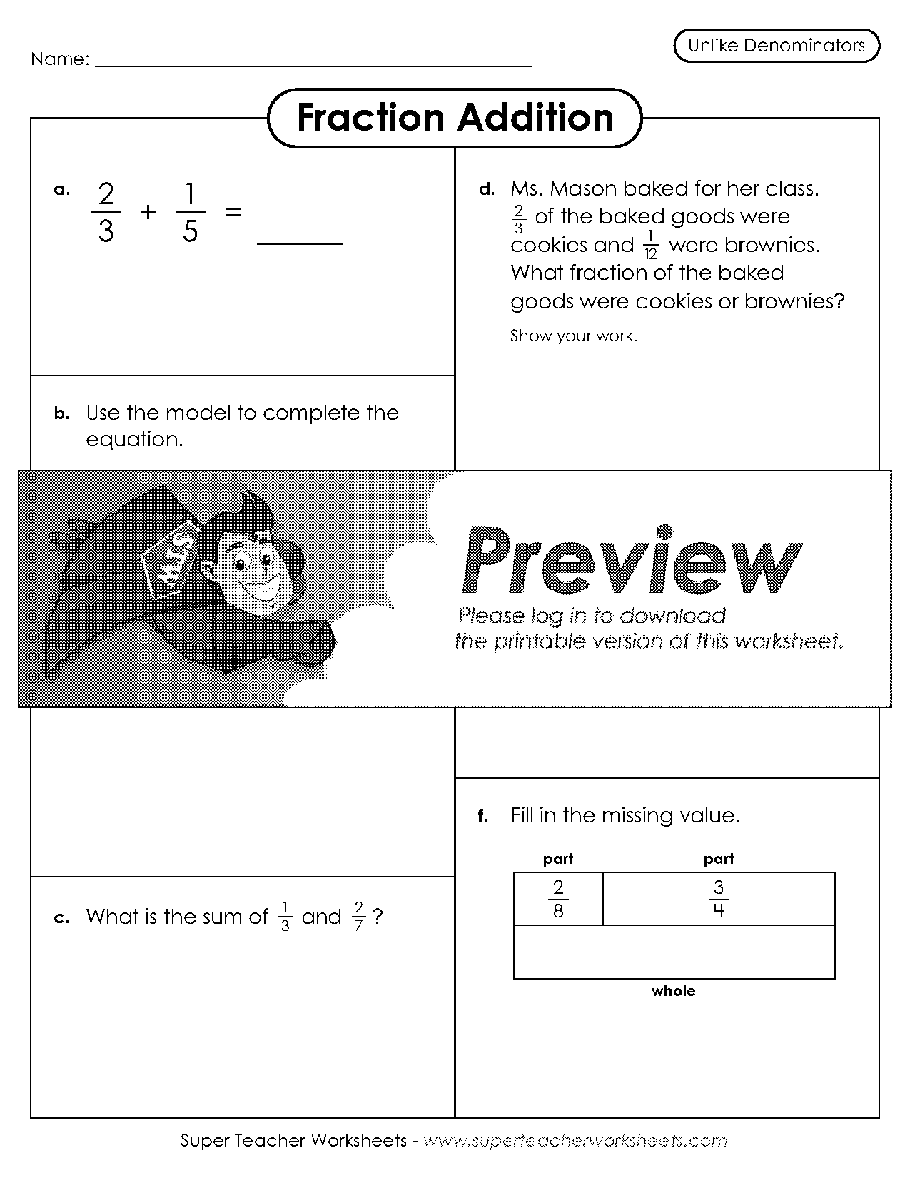 fractions addition with unlike denominators worksheets