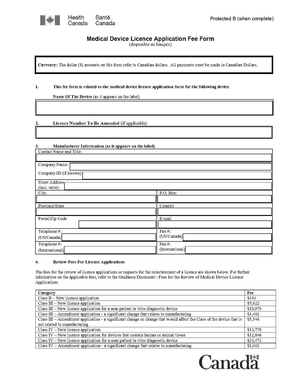 health canada medical device license amendment fee