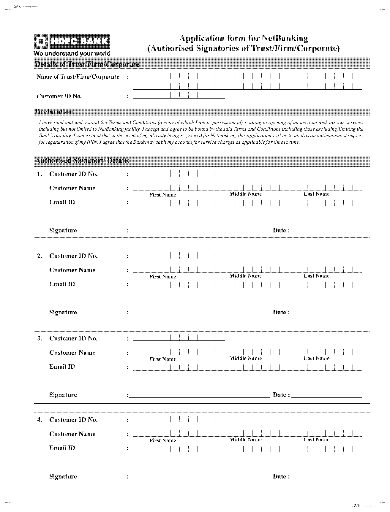 hdfc net banking activation form