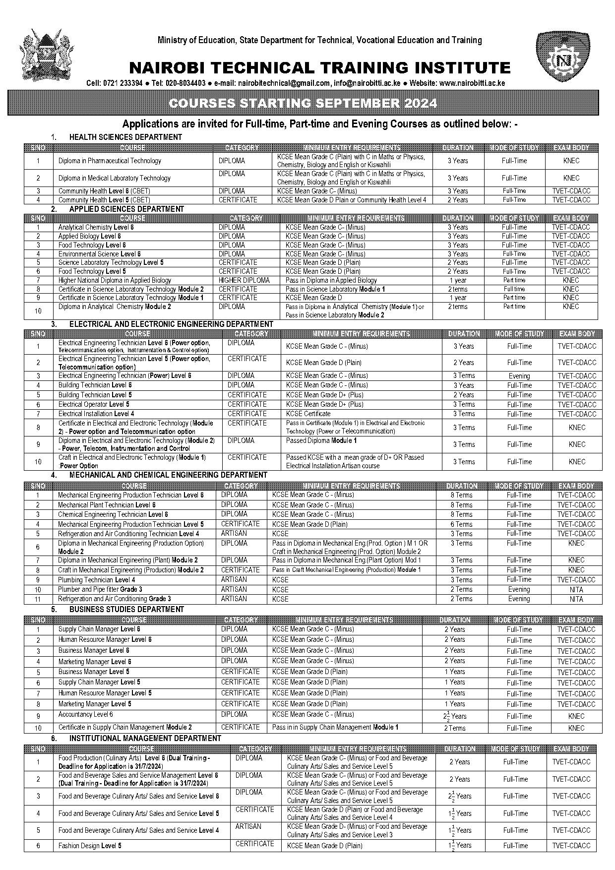 nairobi technical training institute courses offered