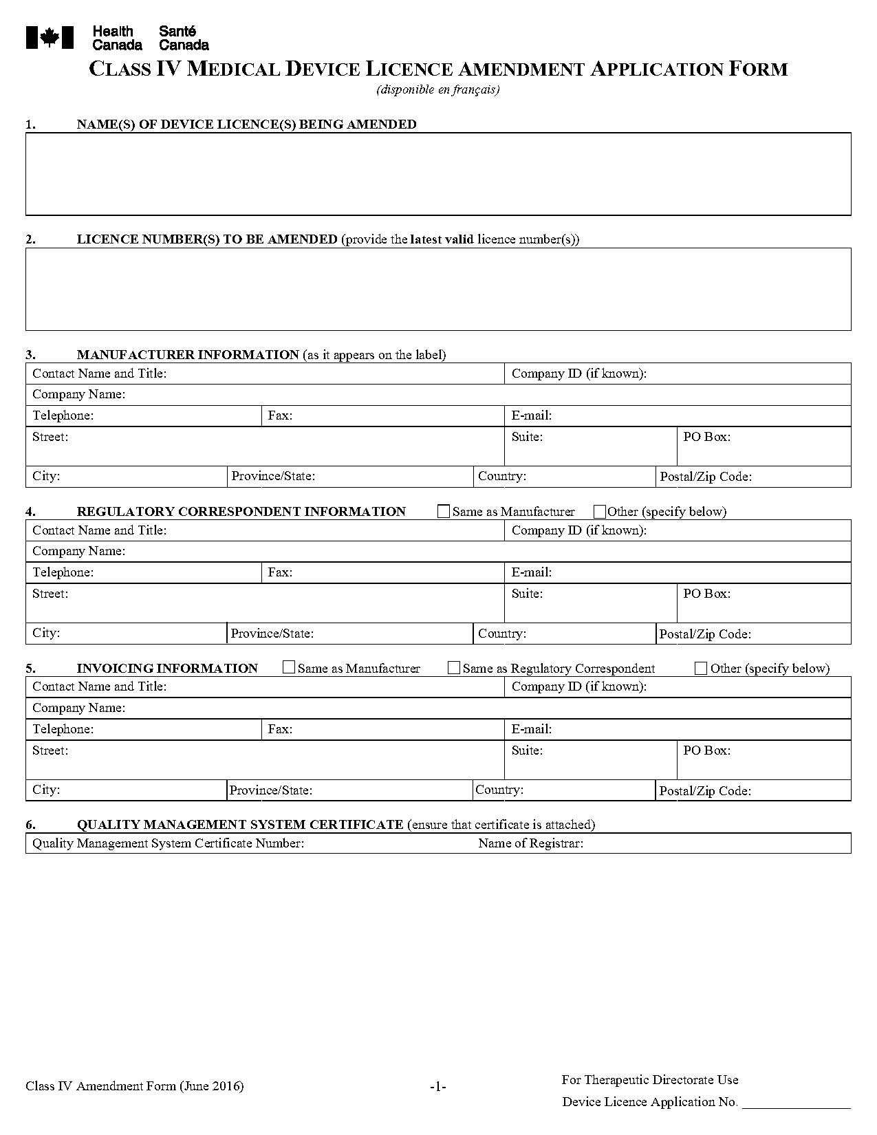 health canada medical device license amendment fee