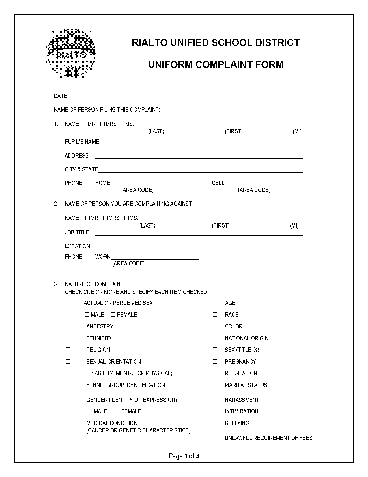 uniform complaint form california school bullying