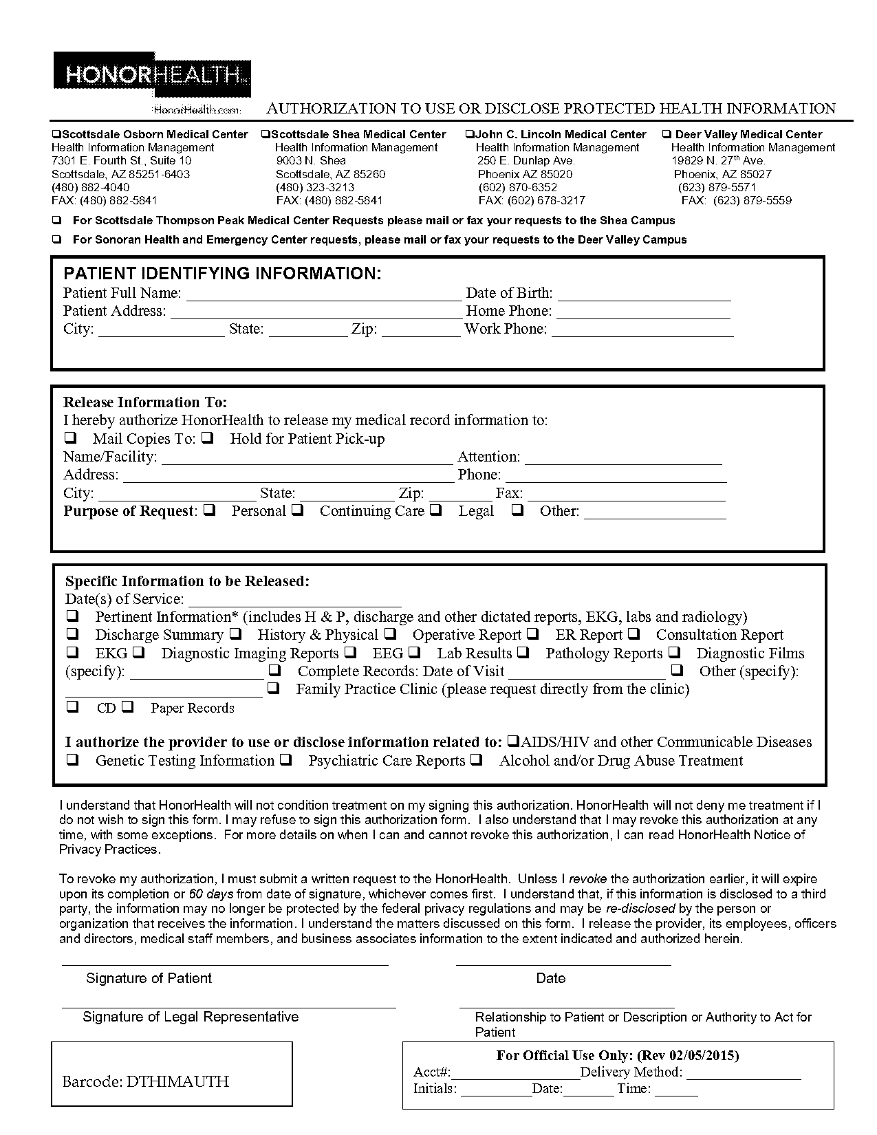 lincoln honor health records release form