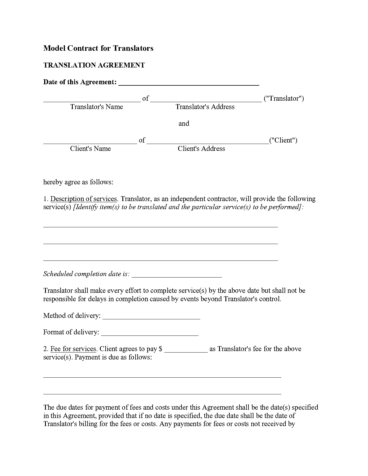 translation service agreement sample