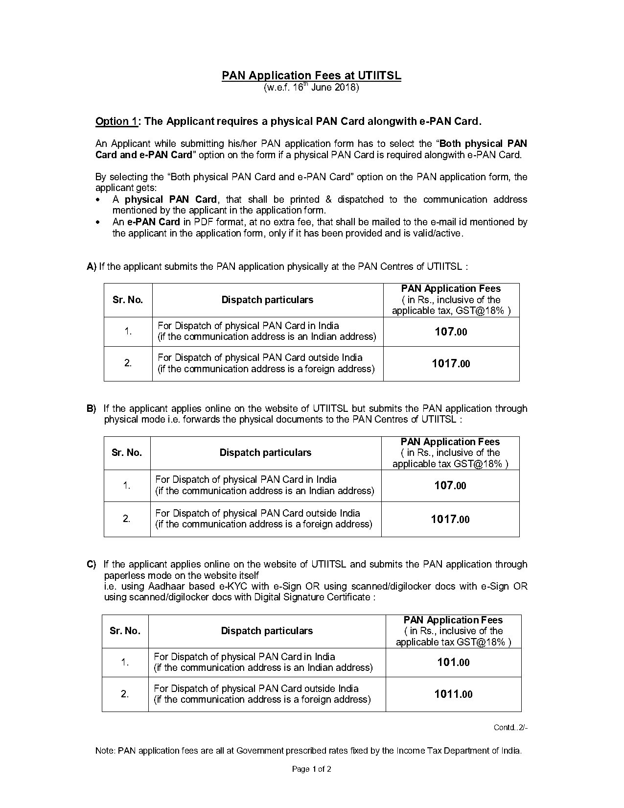 pan card application fees details