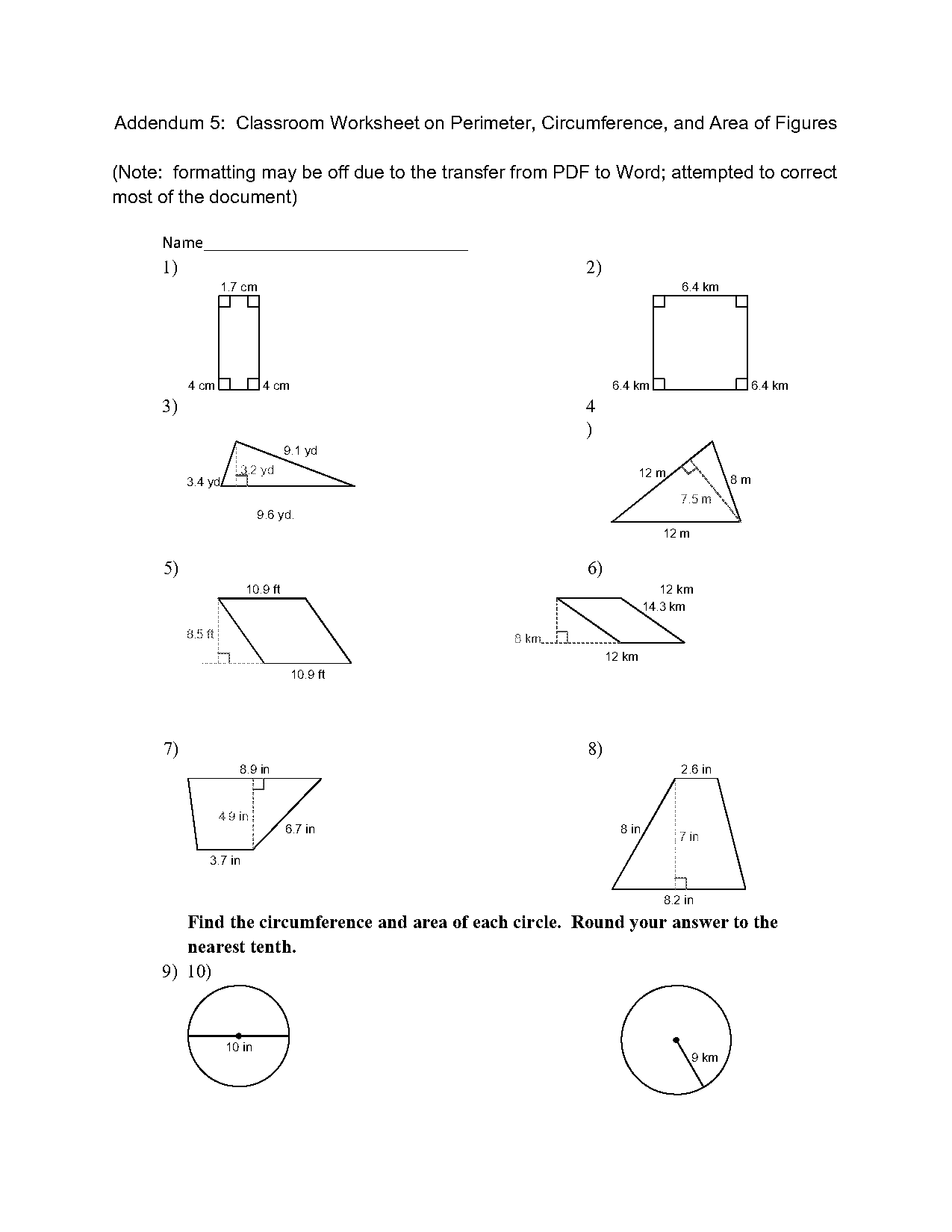 circumference and area of circle worksheet pdf