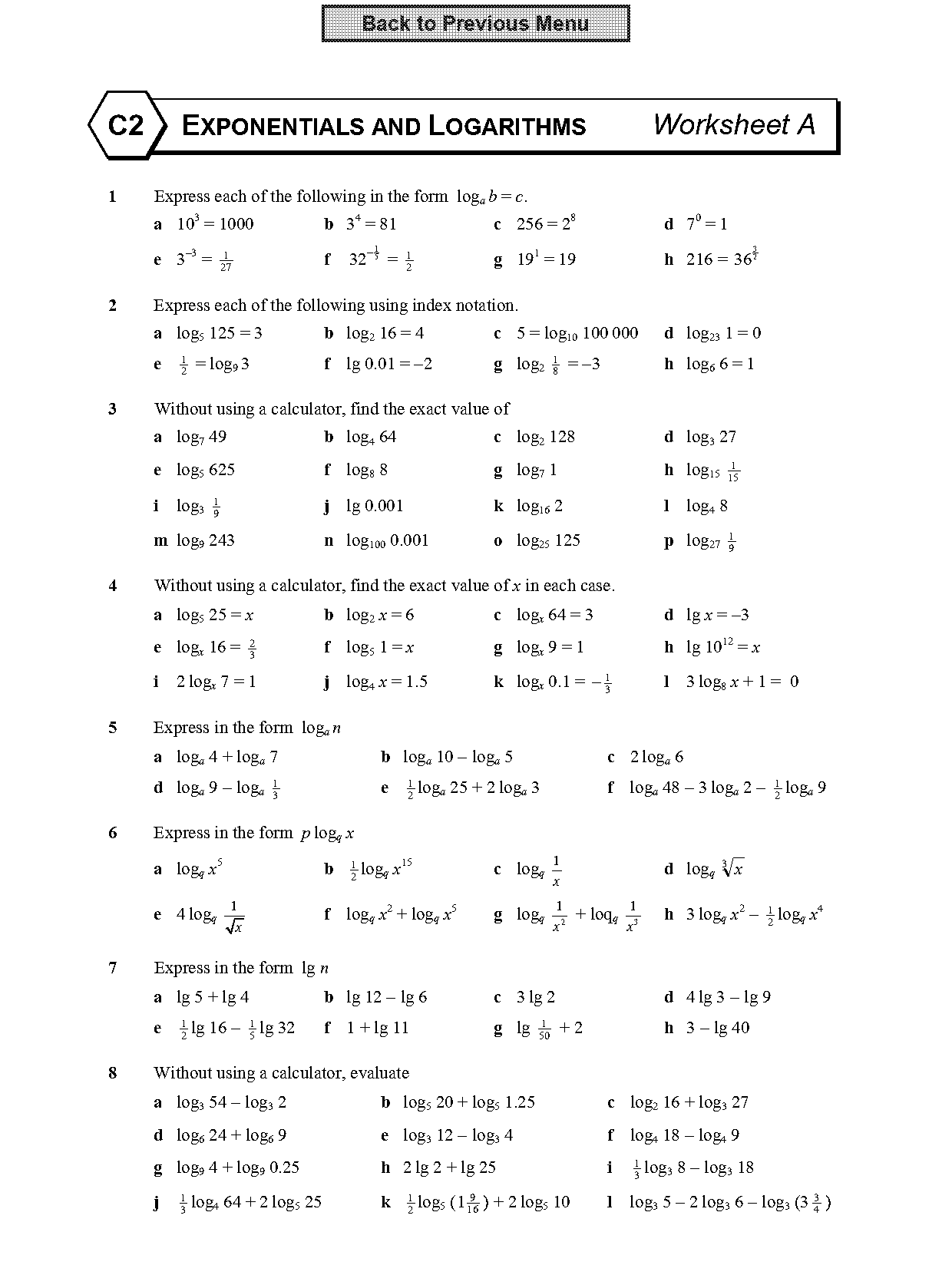 solving exponential and logarithmic functions worksheet with answers