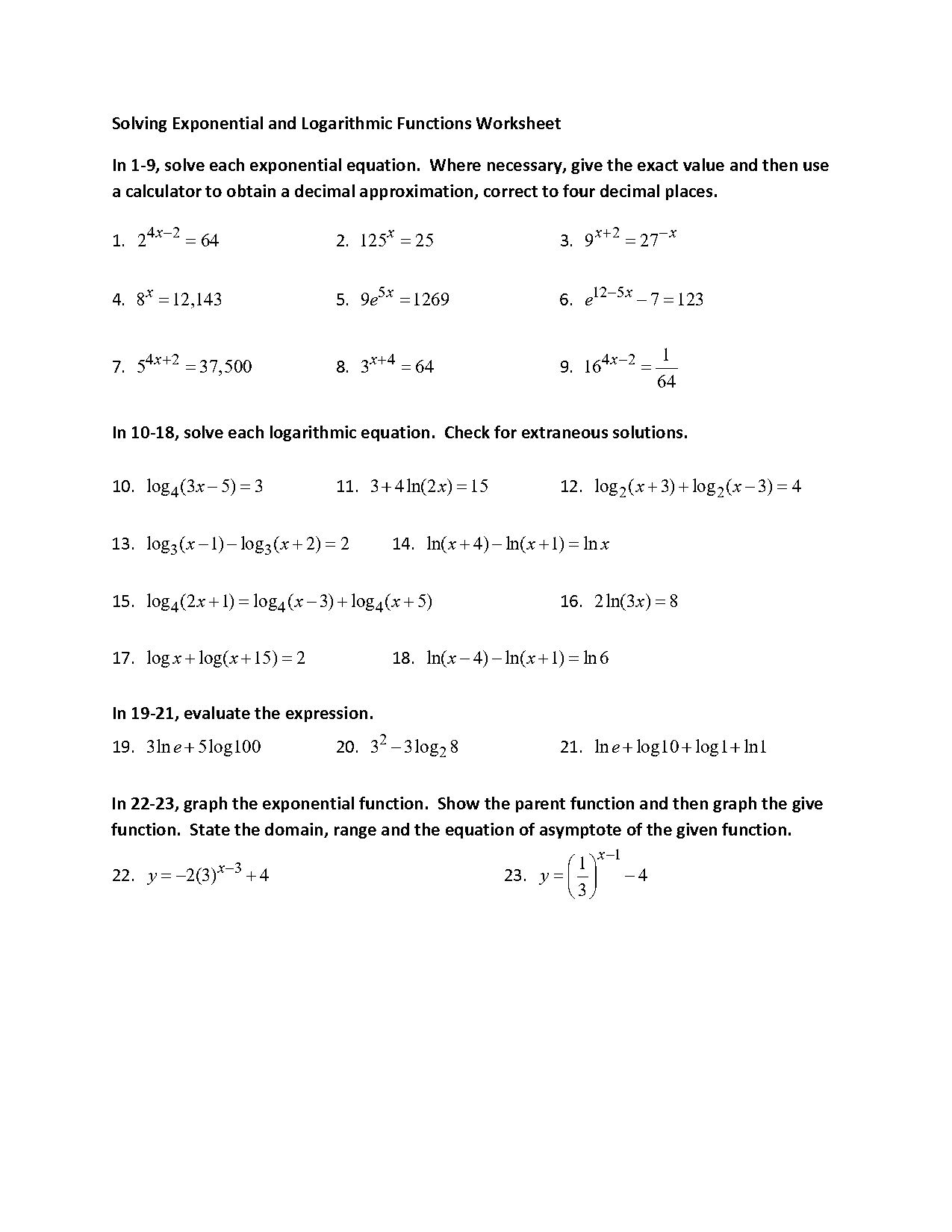 solving exponential and logarithmic functions worksheet with answers