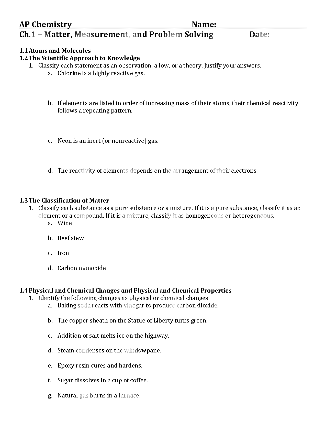 ap chemistry classification of matter worksheet answers