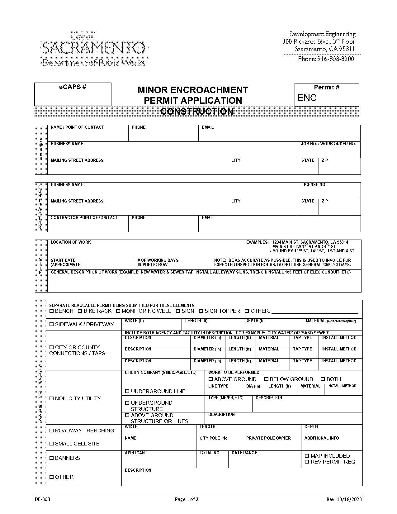 city of sacramento encroachment permit application