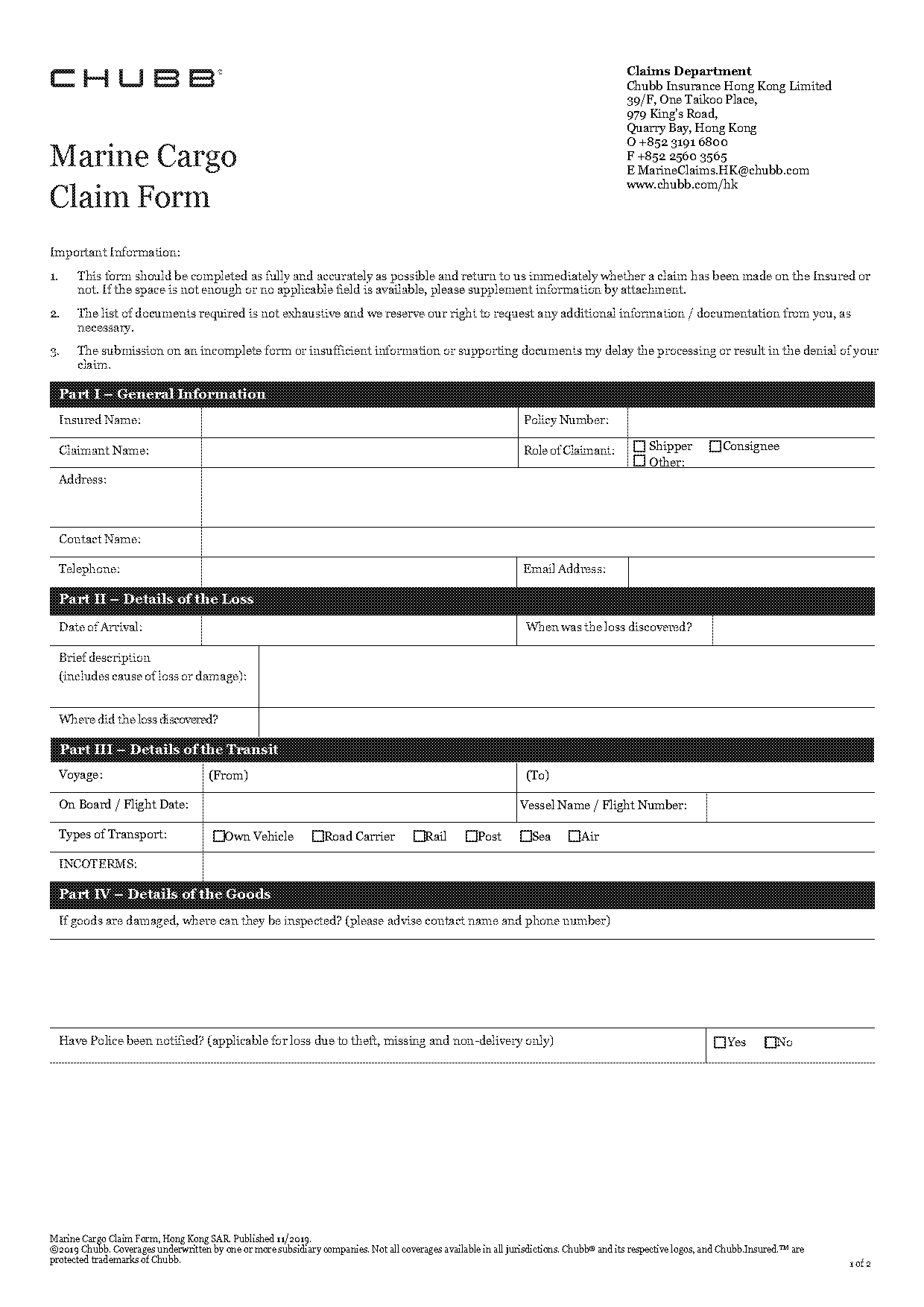 chubb marine claim form