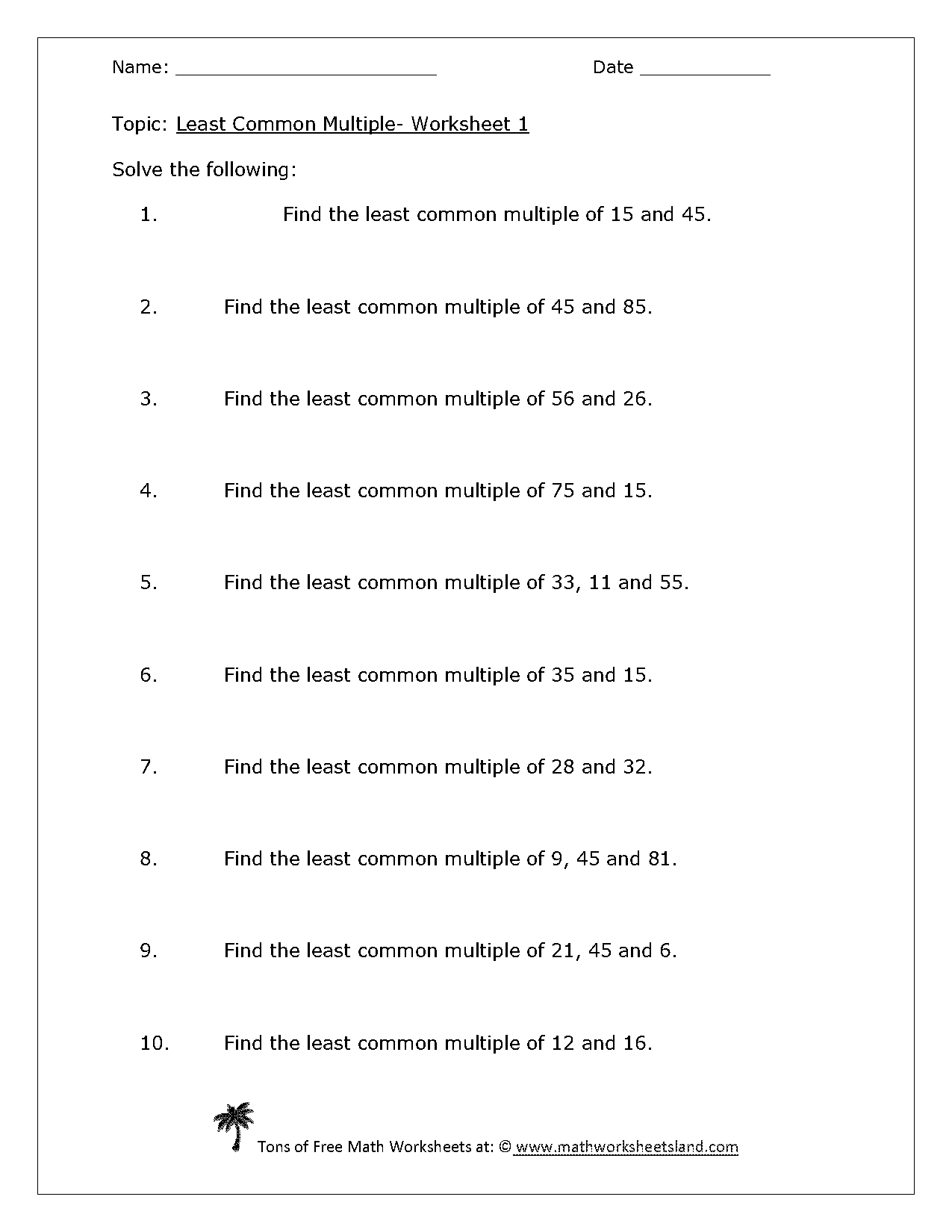 how to find the least common multiple worksheet