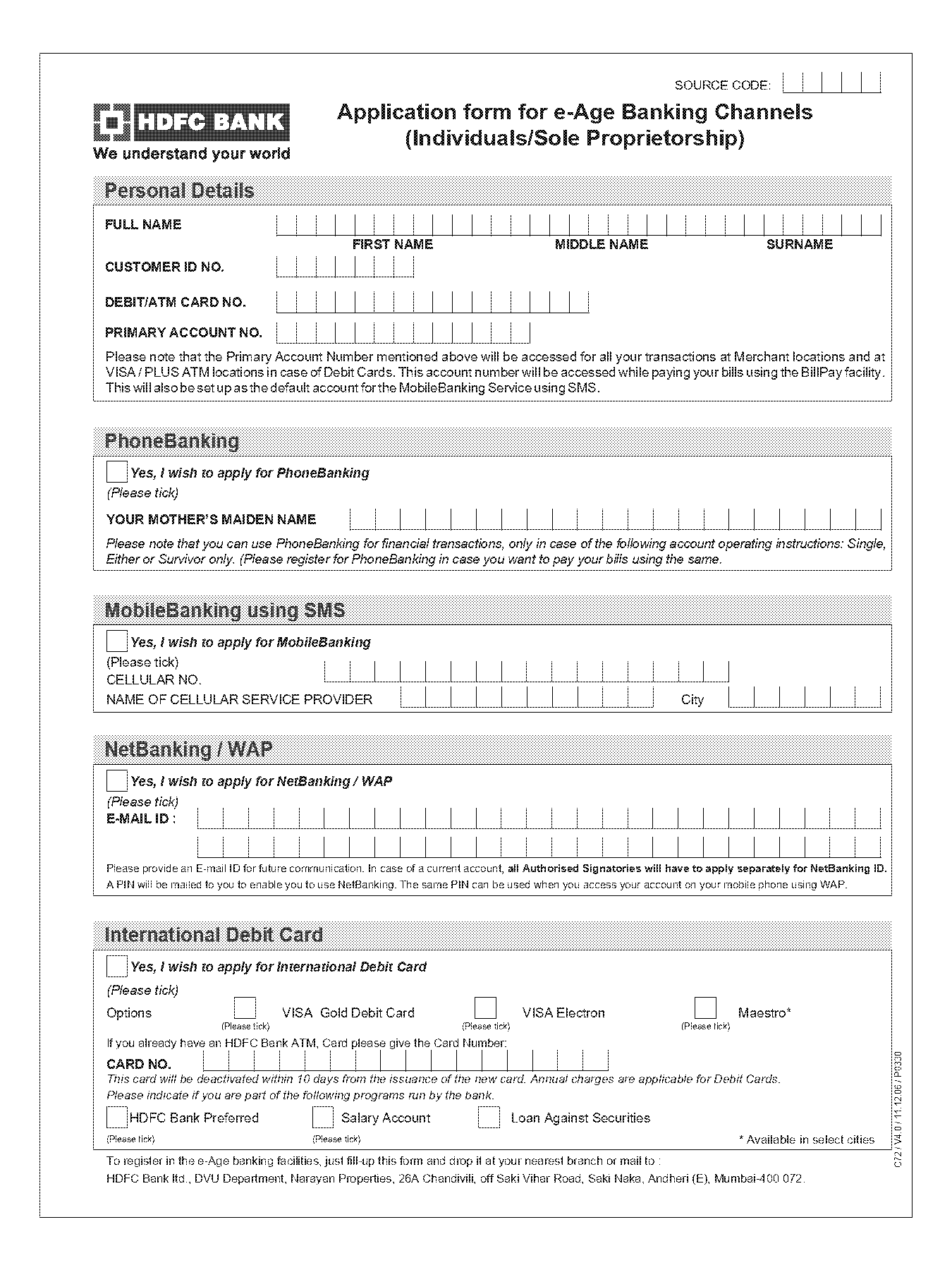 hdfc net banking activation form