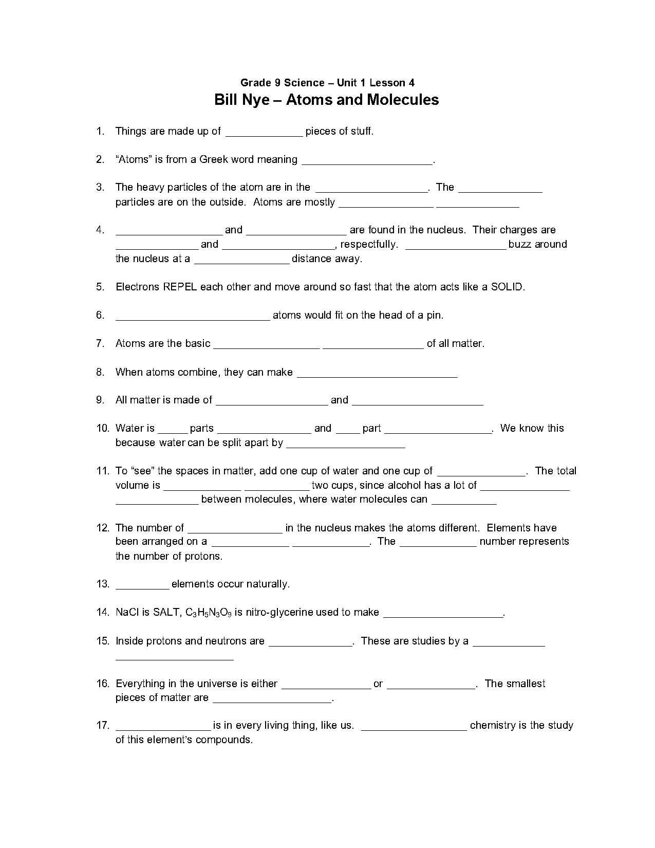 atoms and periodic table unit answer key