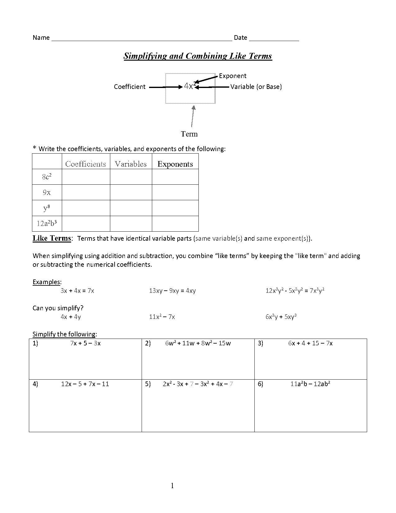 combine like terms quiz worksheet pdf