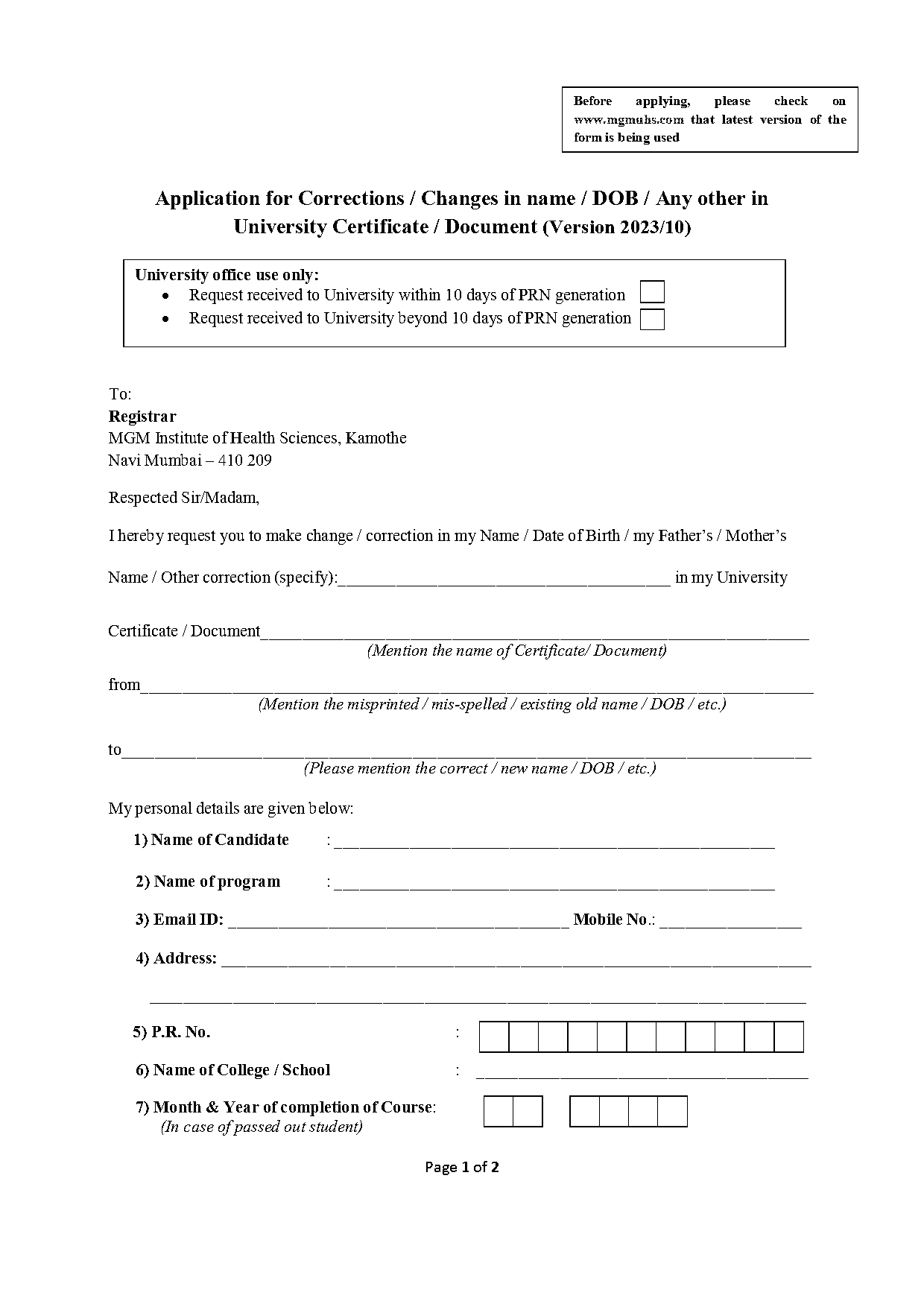 application for correction of date of birth in university