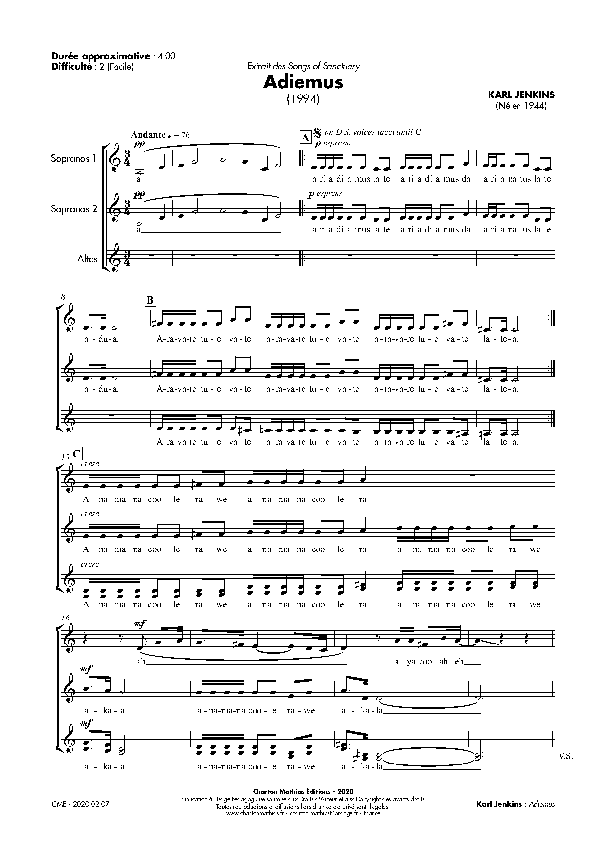 adiemus free sheet music pdf