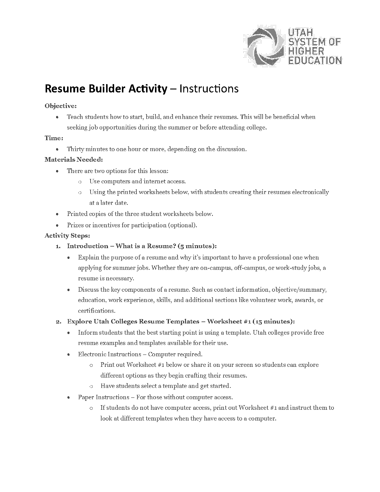 activity sheet for college template