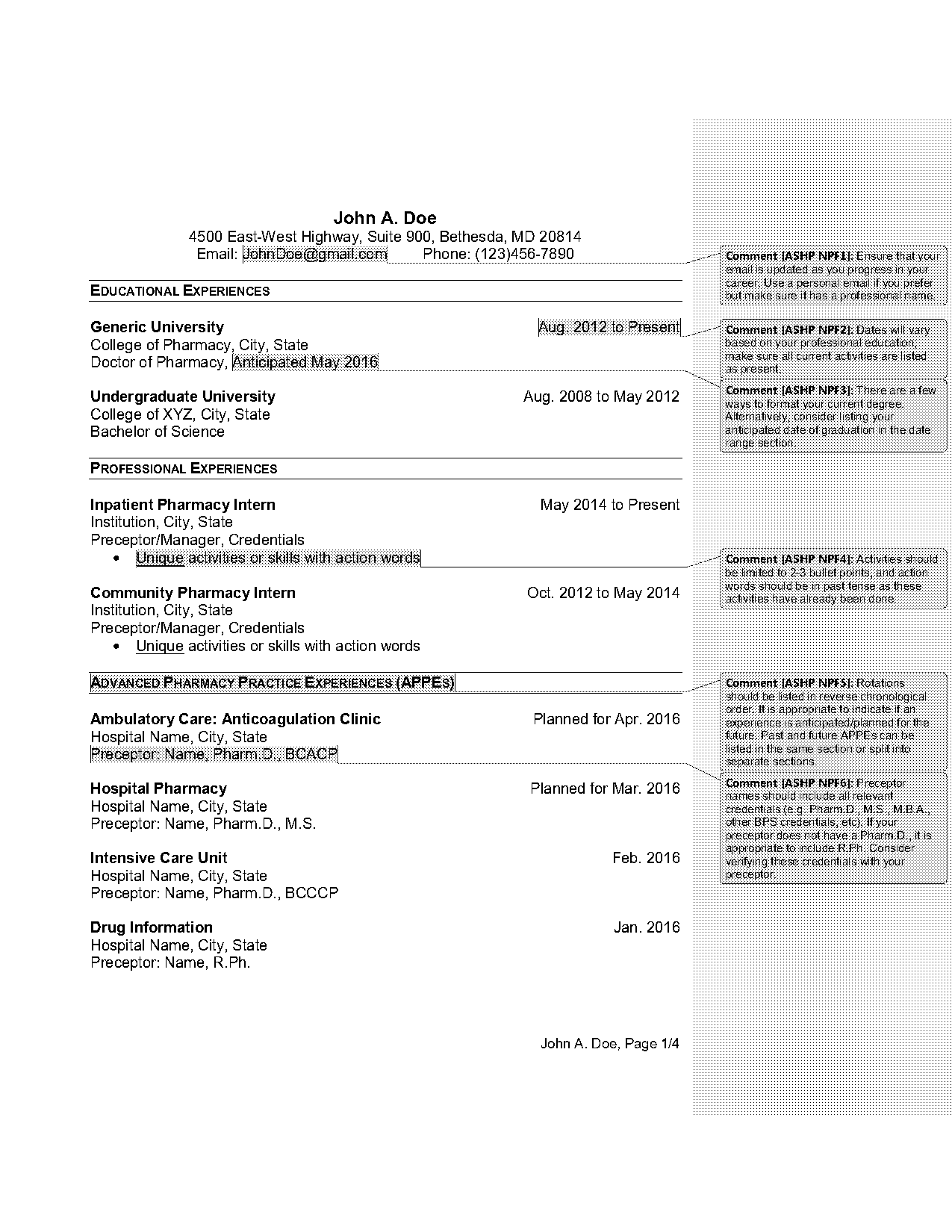 pharmacy intern resume template