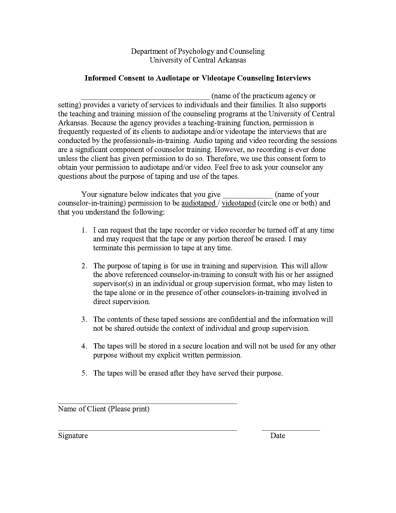 informed consent form for videotaping