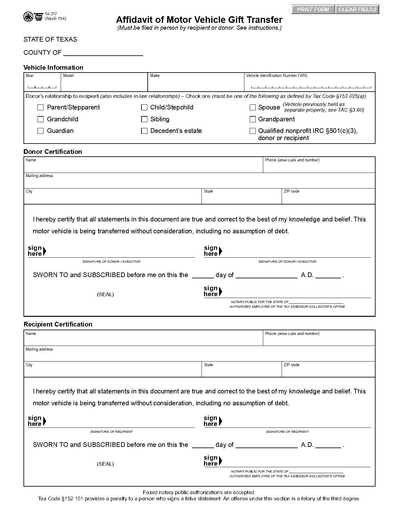 texas dmv gift affidavit form