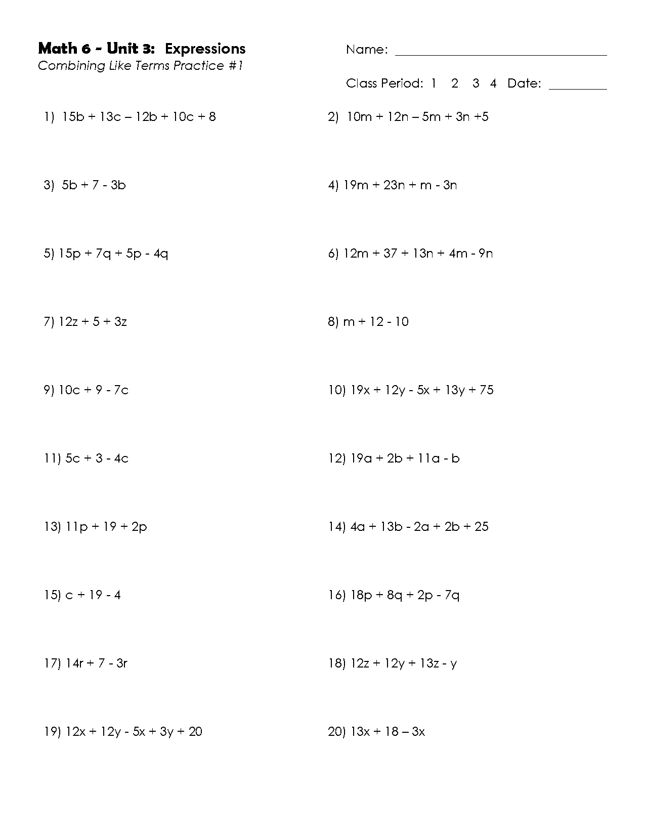 combine like terms quiz worksheet pdf