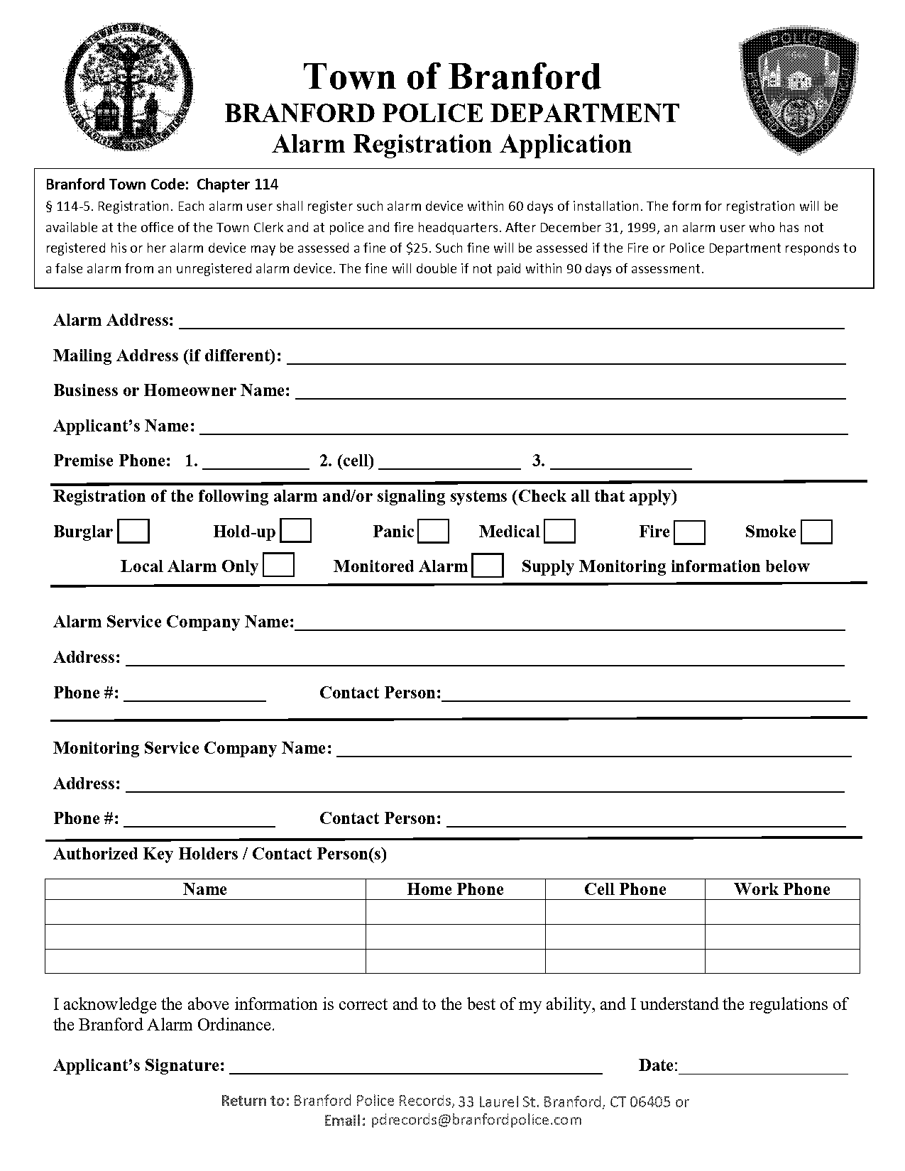 guilford ct alarm registration form