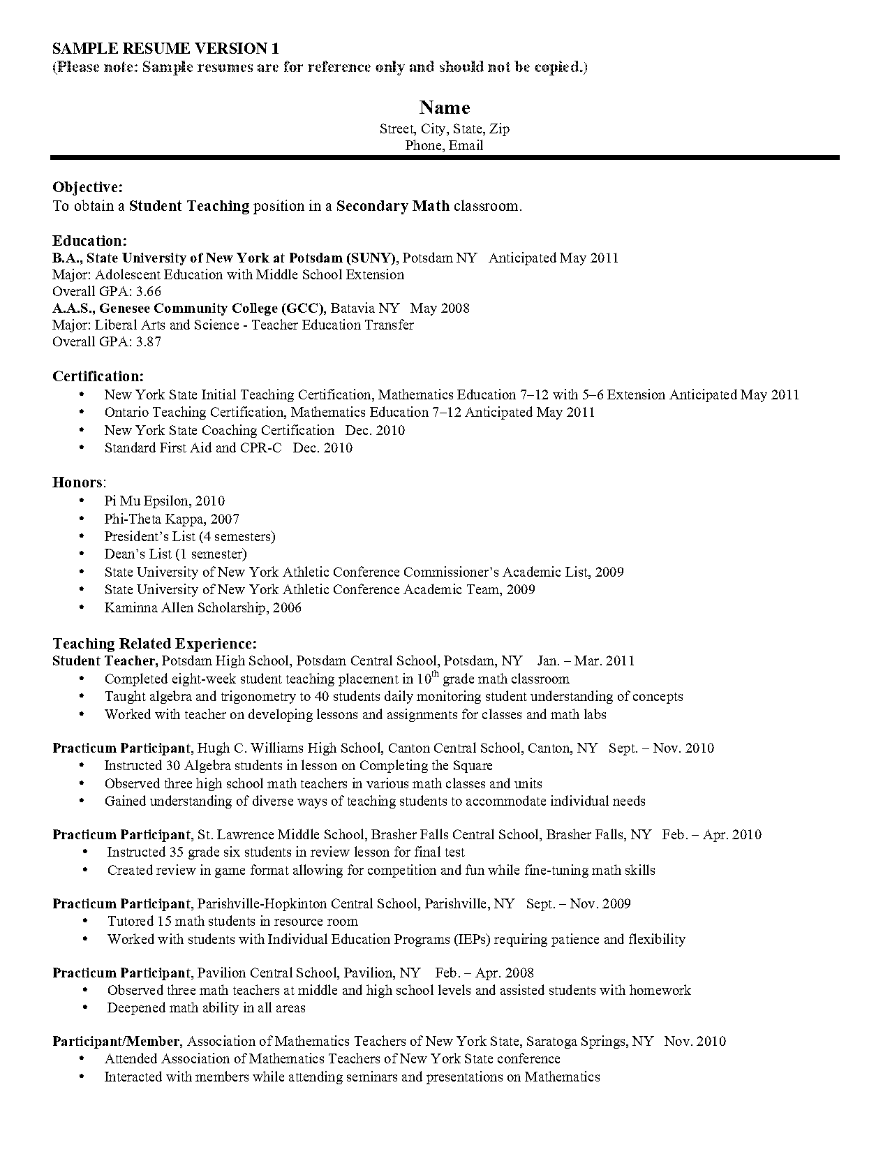 student teaching sample resume