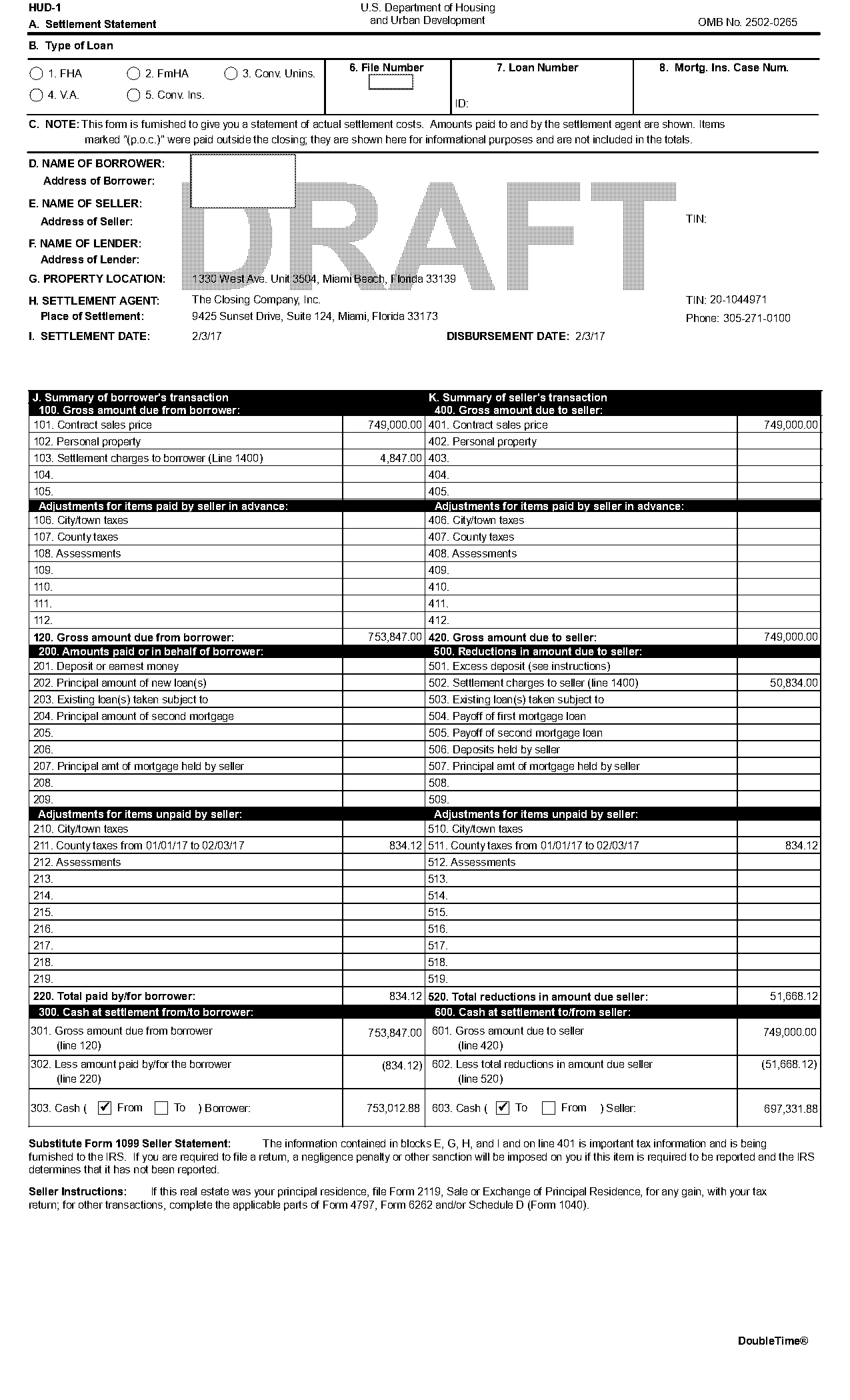 closing statement mortgage example