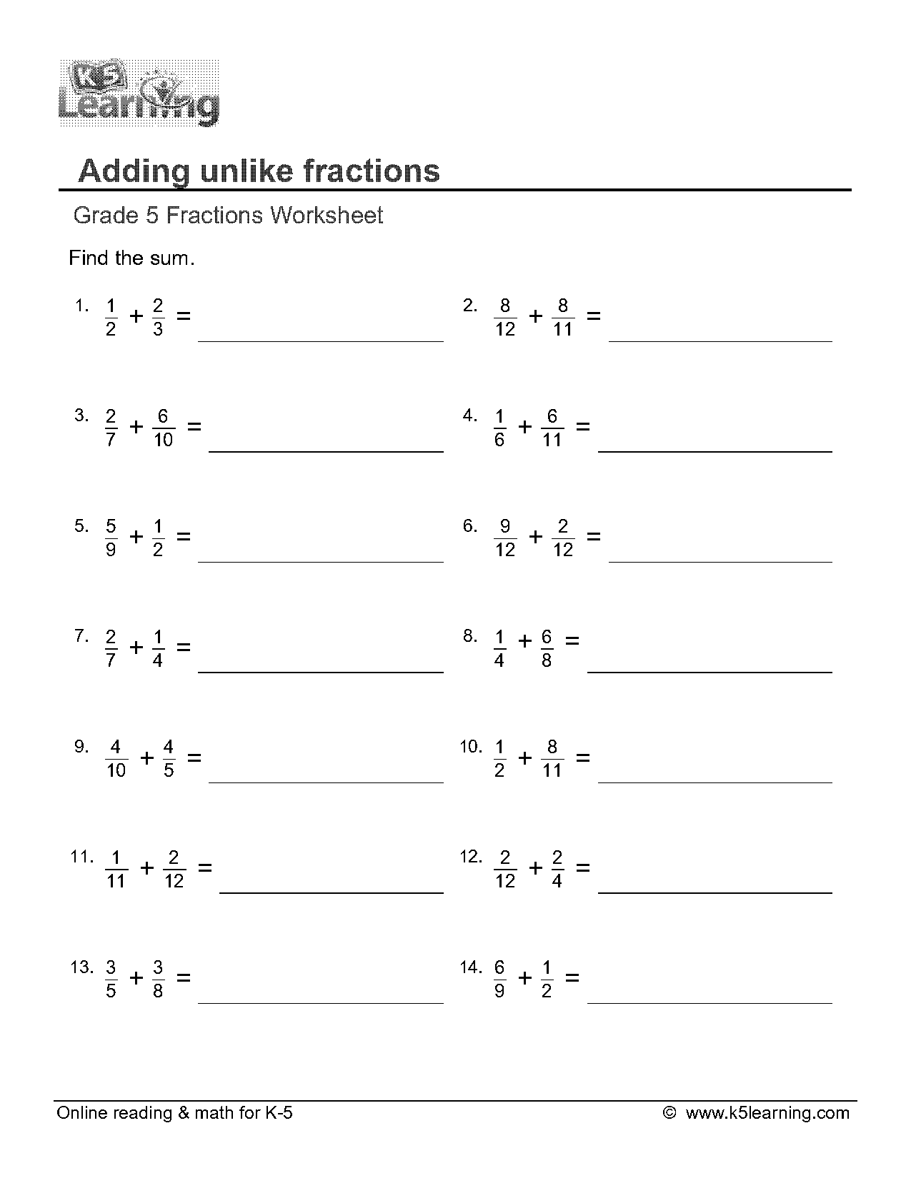 fractions addition with unlike denominators worksheets